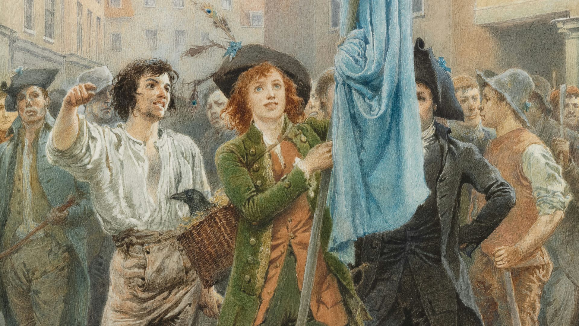 a painting of a man holding a blue umbrella