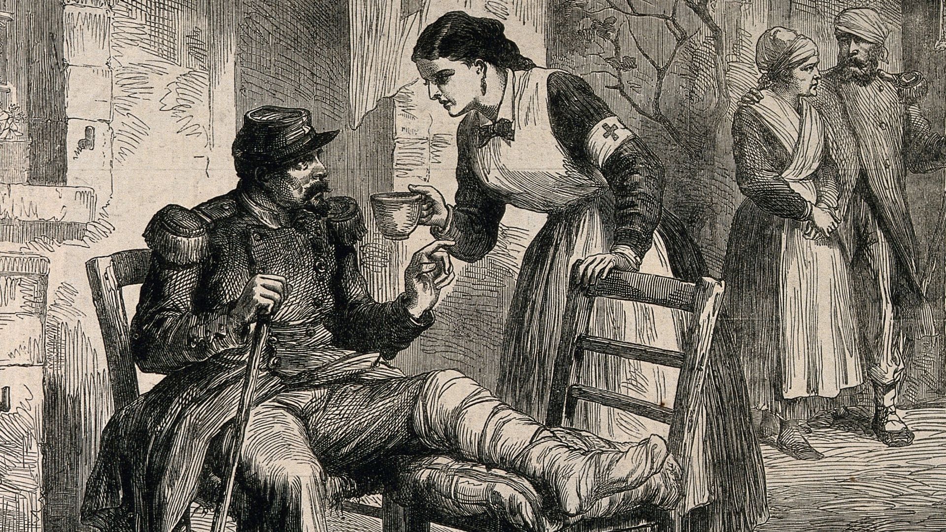 File:Crimean War; recouperating soldiers being nursed. Wood engra Wellcome V0015385.jpg