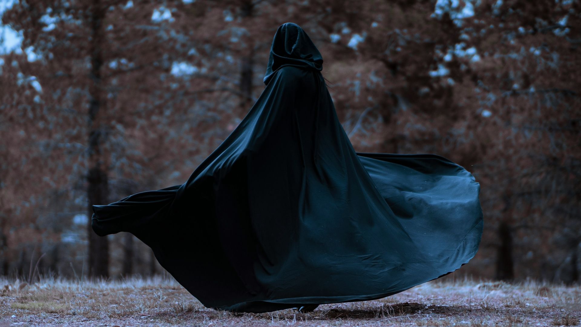a woman in a black cloak is walking through the woods