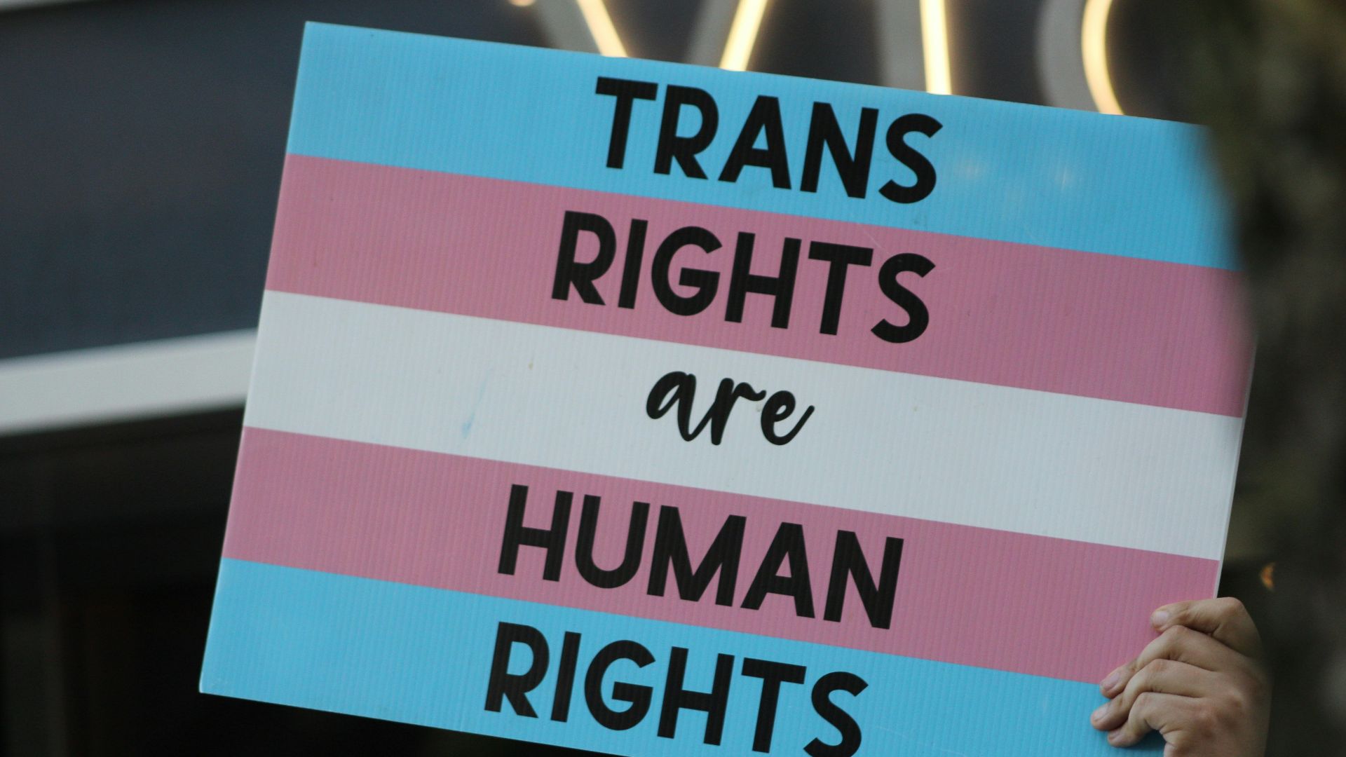 Trans rights are human rights sign at a protest
