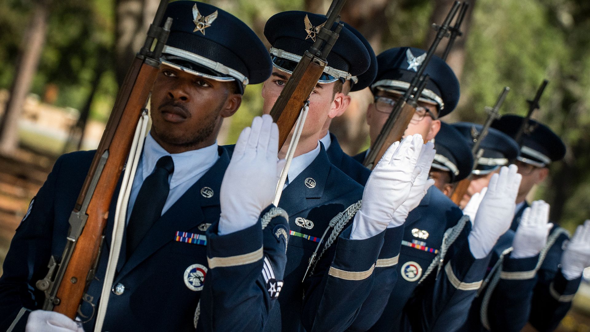 File:A firing party begins its rifle volley during a full-honors funeral demonstration at the Honor Guard graduation ceremony at Eglin Air Force Base, Florida, October 27, 2023.jpg