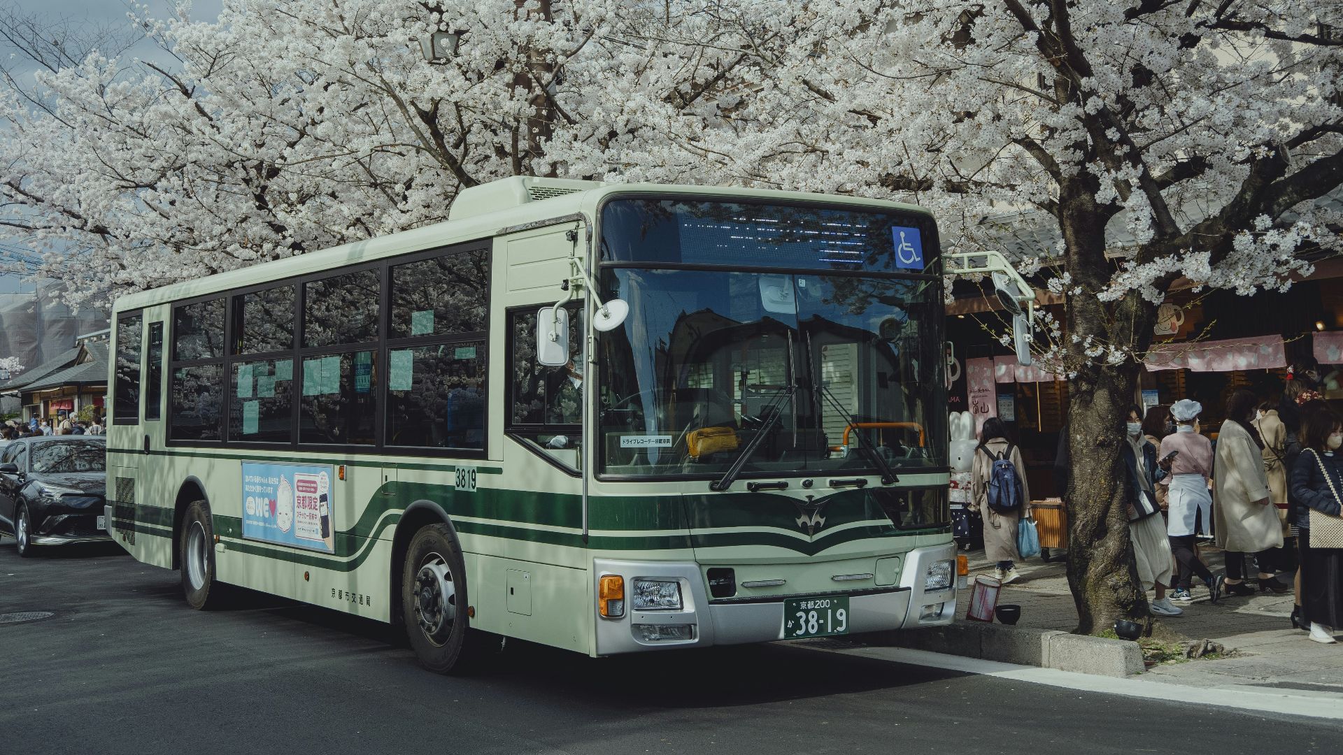 a green and white bus parked on the side of the road