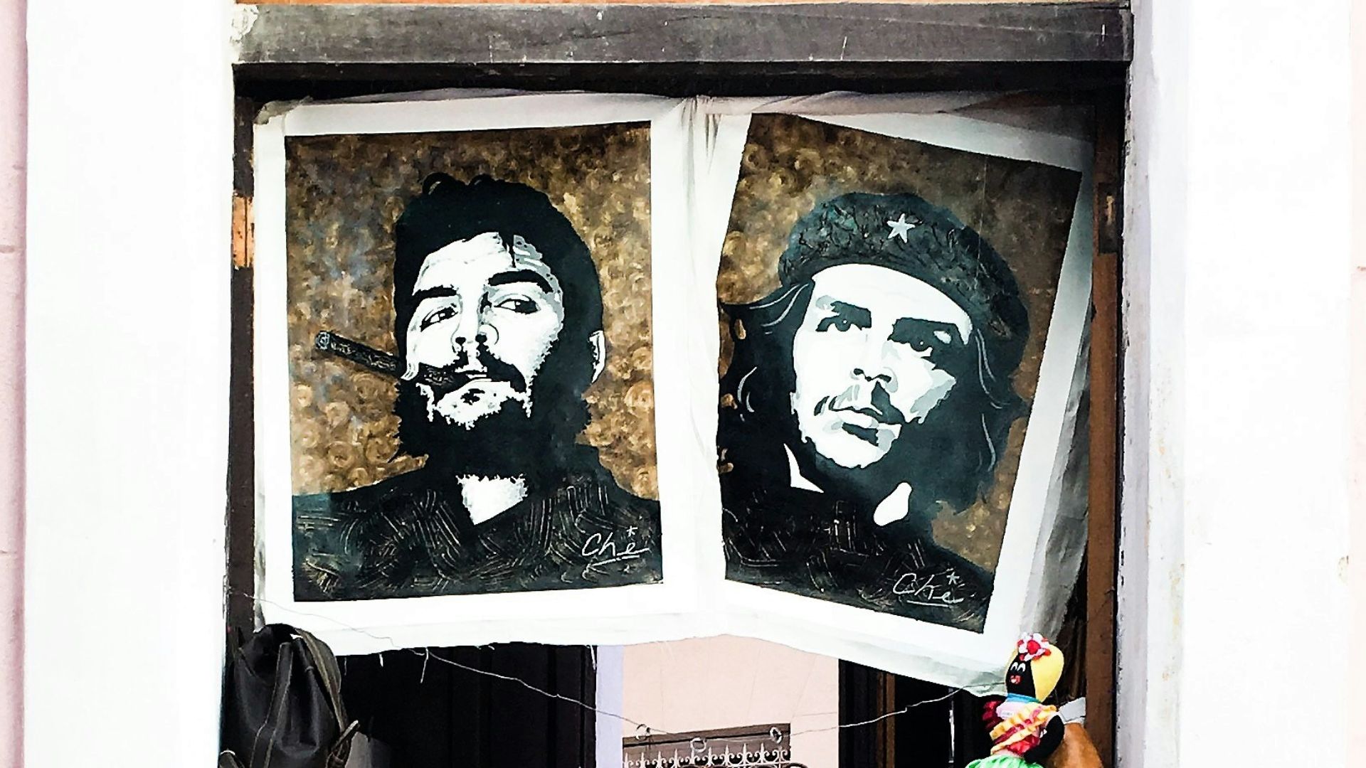 a window with a picture of a man and a woman on it