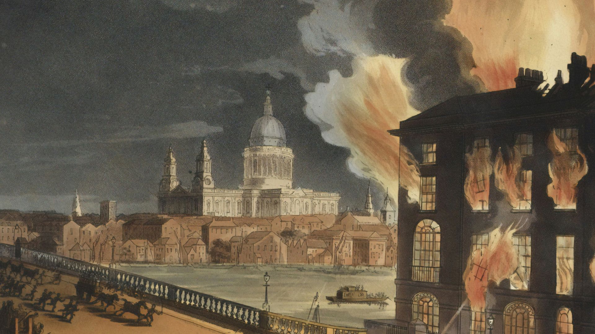 burning house painting