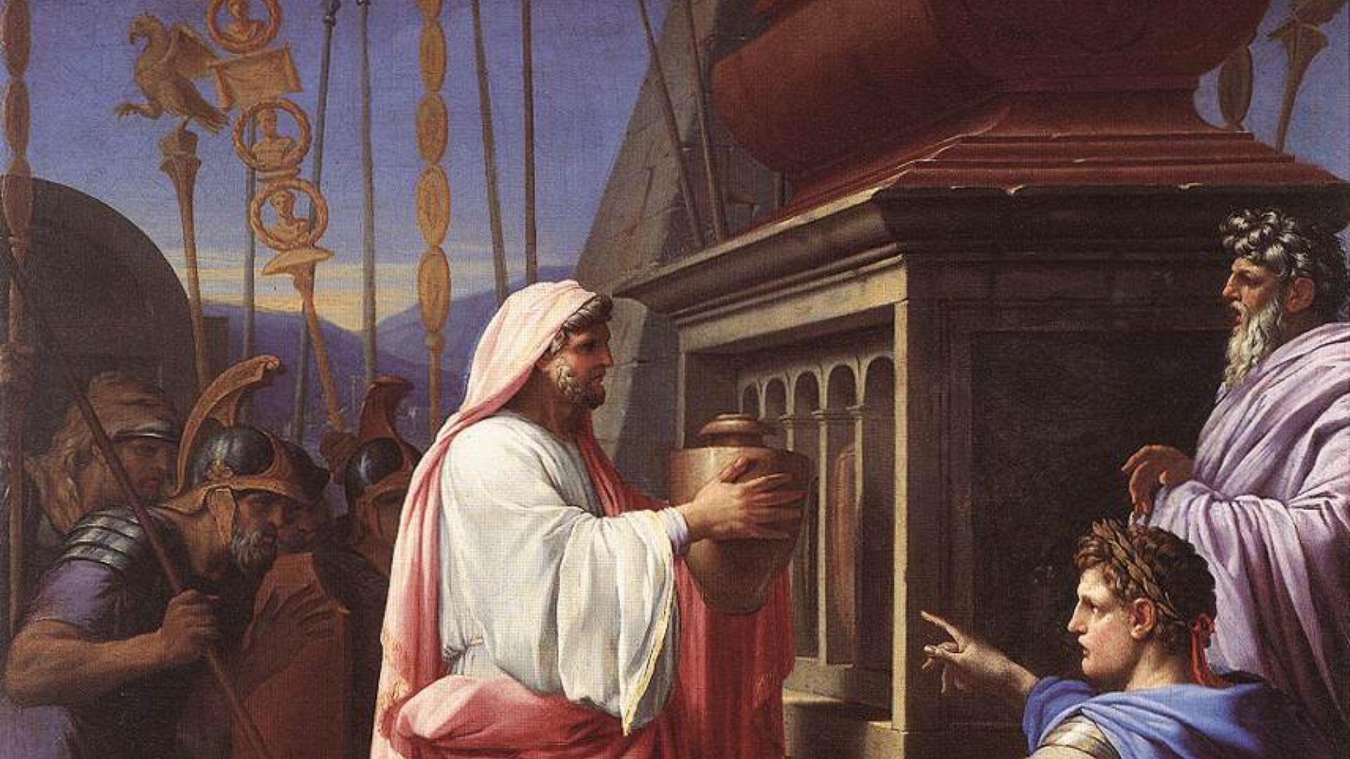 File:Eustache Le Sueur - Caligula Depositing the Ashes of his Mother and Brother in the Tomb of his Ancestors - WGA12607.jpg