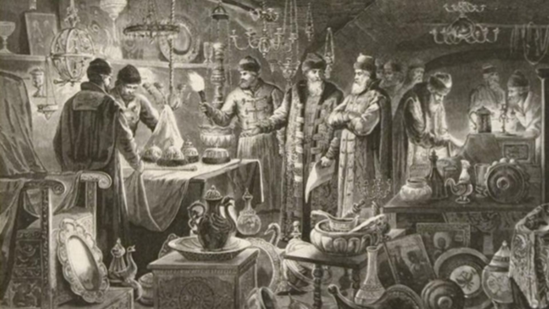 File:Boyar Fyodor Sheremetev handing over royal treasures he'd preserved during the Time of Troubles.jpg