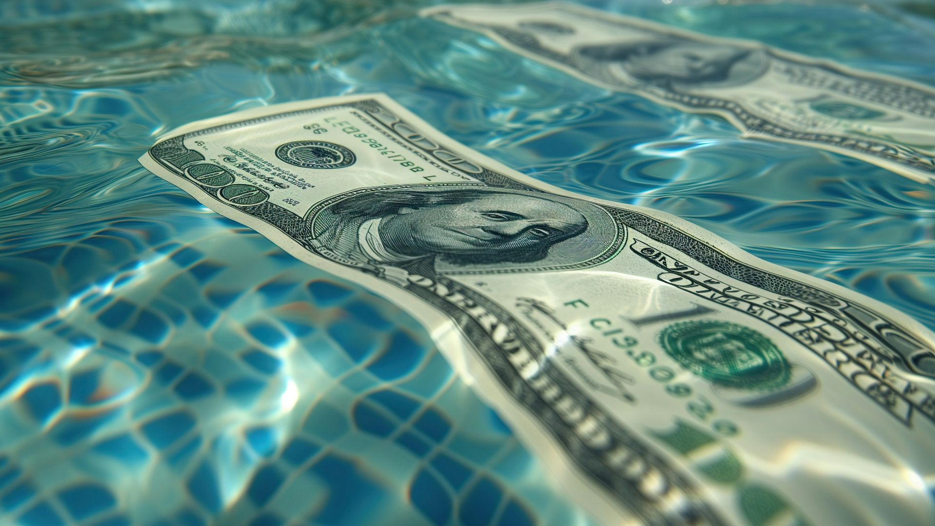 a dollar bill floating in a pool of water