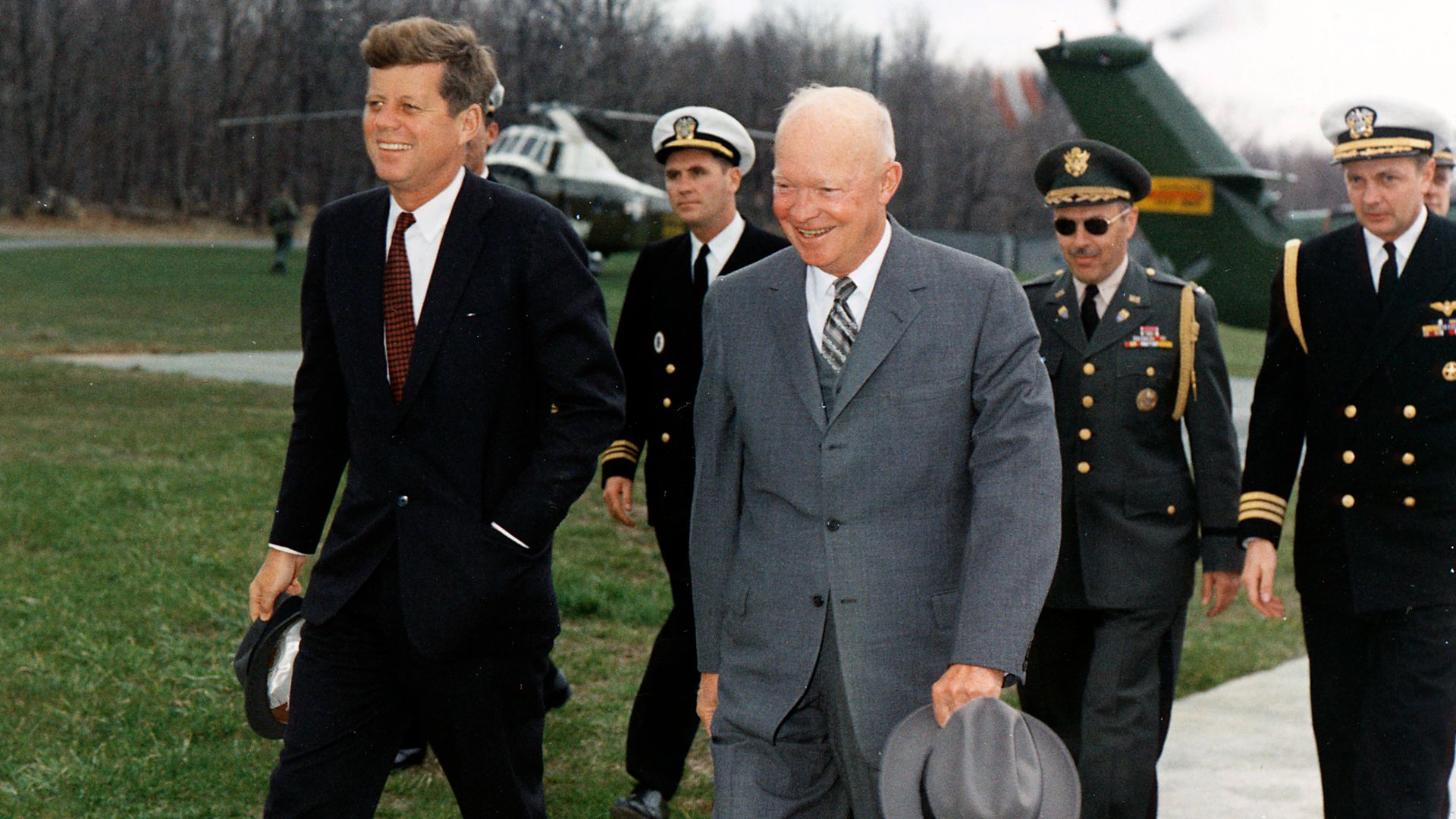 File:Meeting with President Eisenhower. President Kennedy, President Eisenhower, military aides. Camp David, MD. - NARA - 194198.jpg