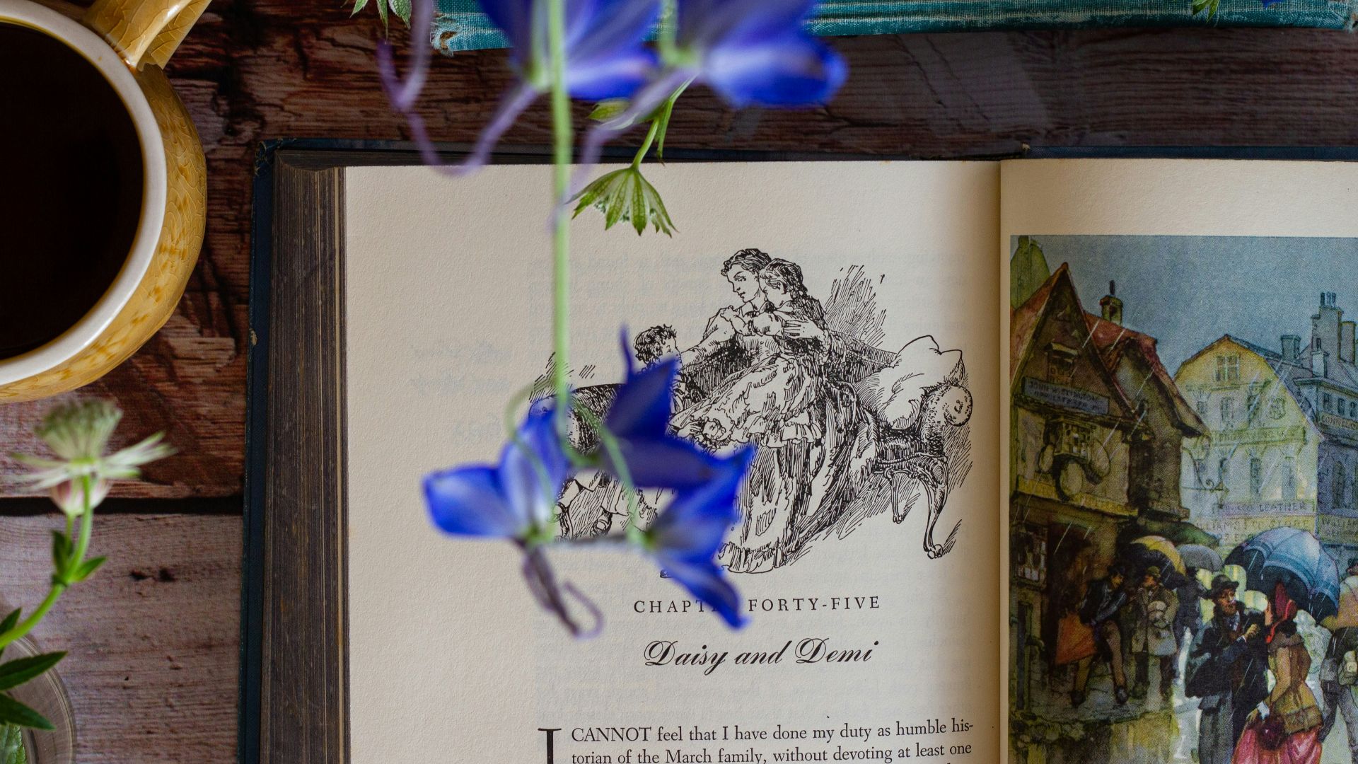 blue and white flower on brown wooden table
