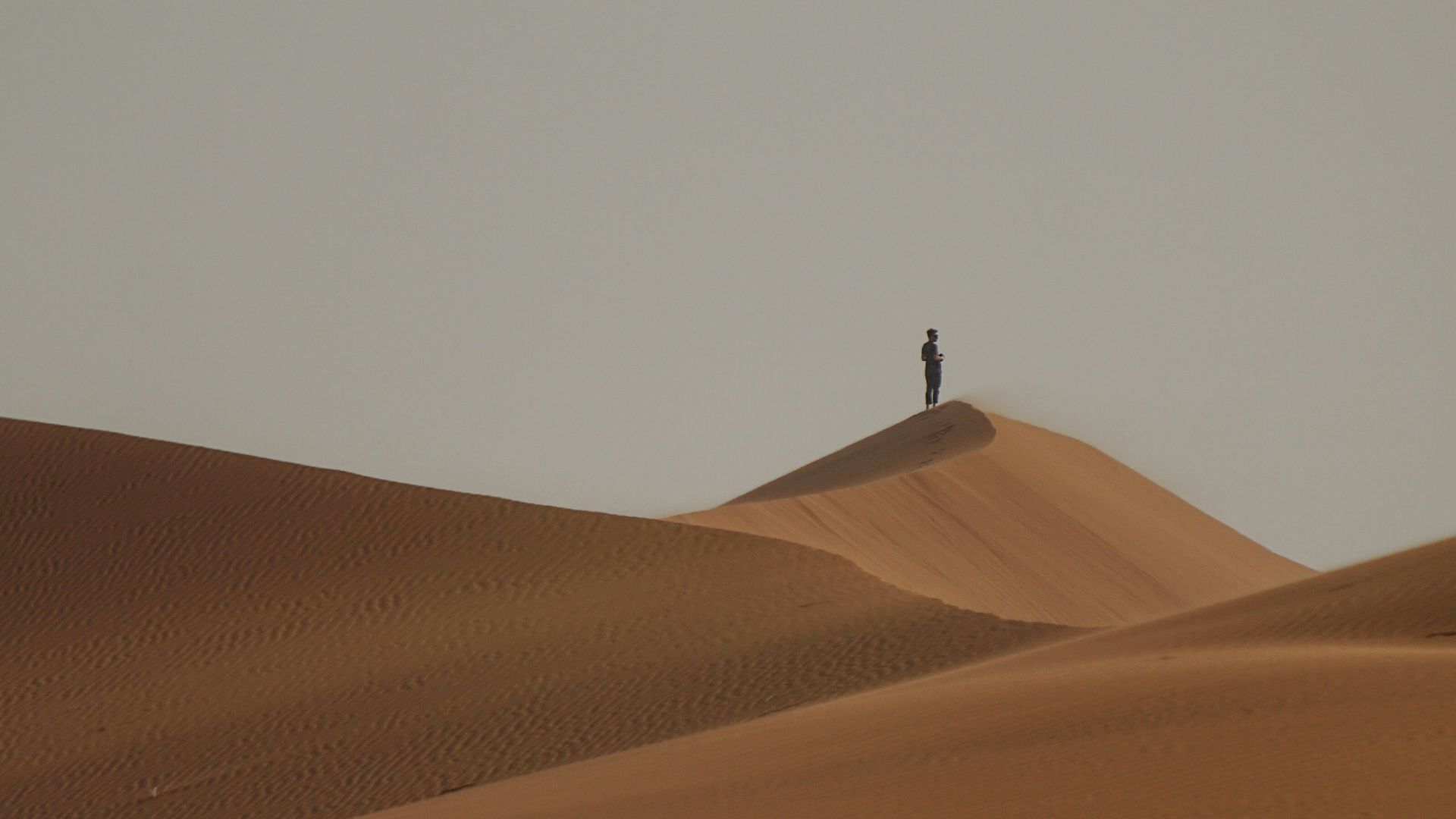 a lone person standing on top of a sand dune