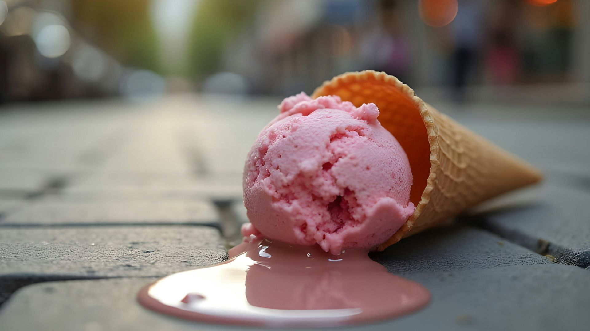 Ice cream cone spilled on a city street.