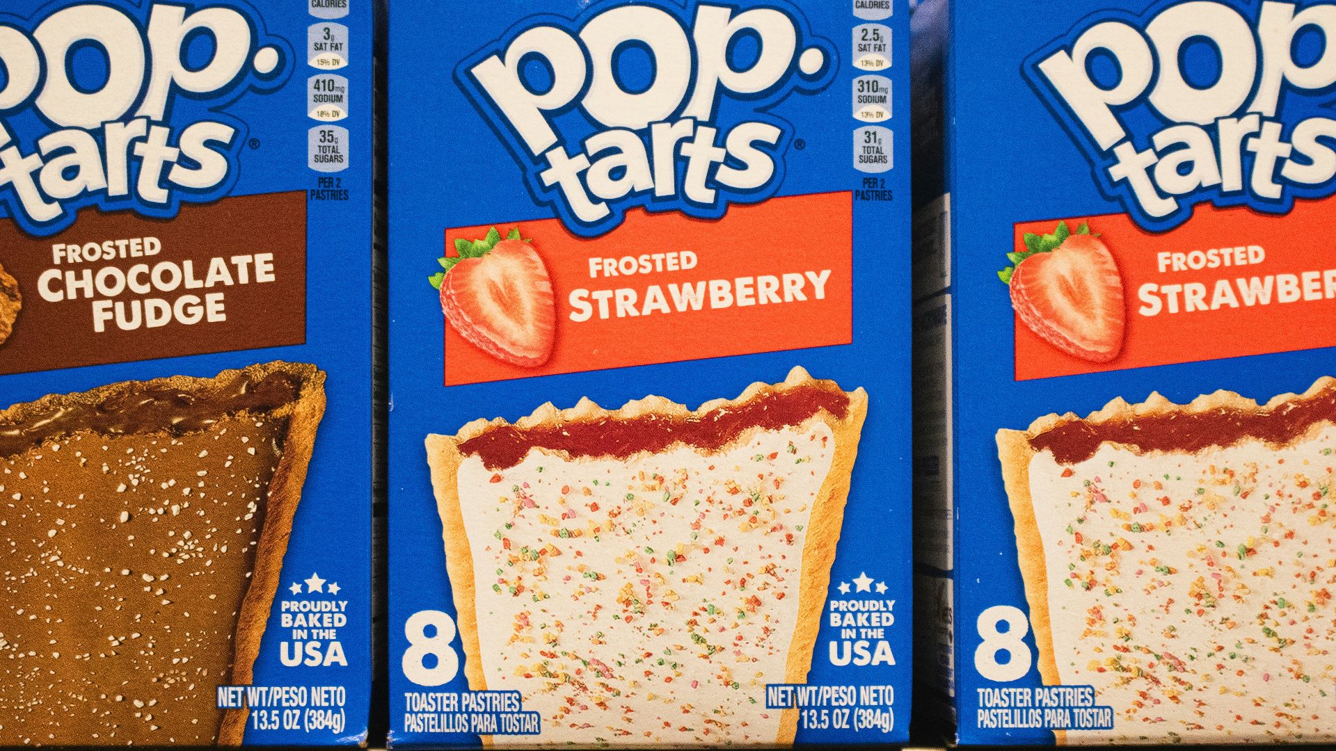 Boxes of pop-tarts are shown with different flavors.