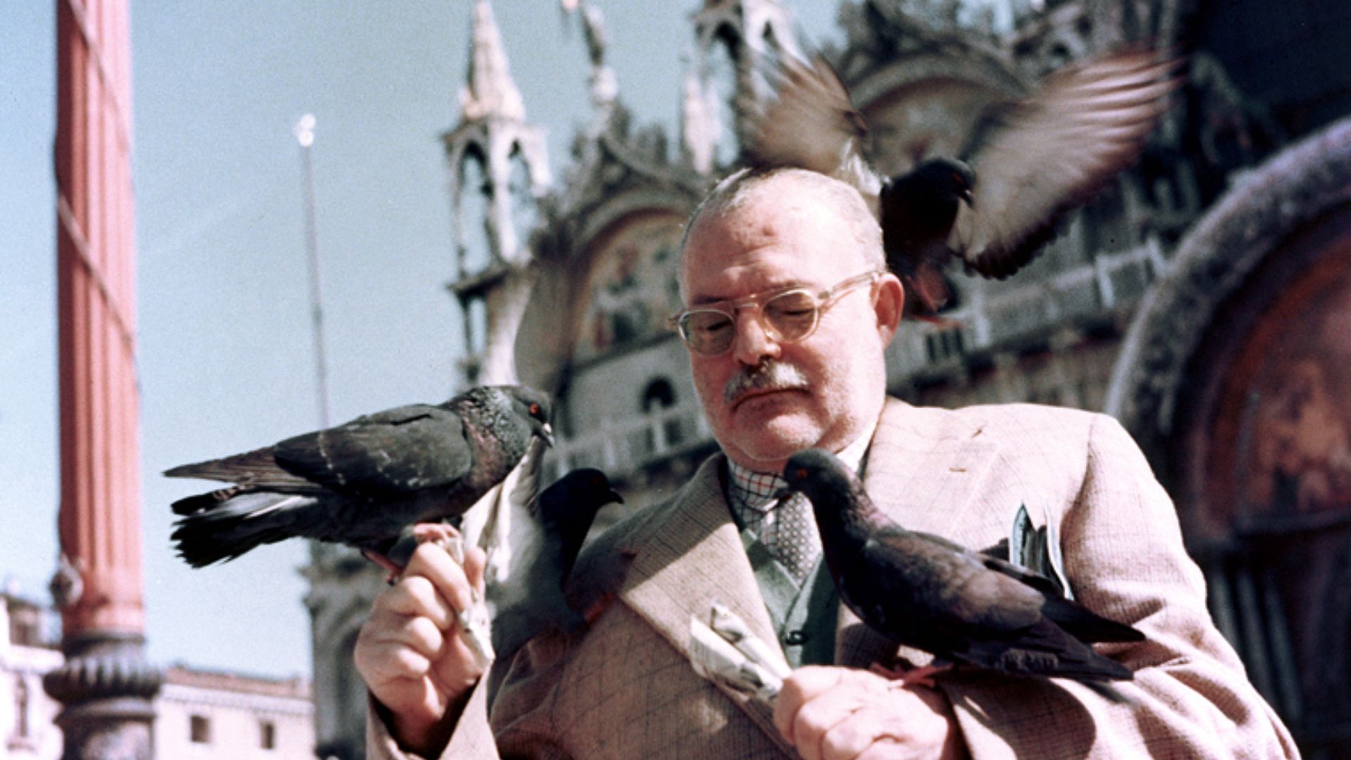 File:Ernest Hemingway with pigeons, Venice, 1954.jpg