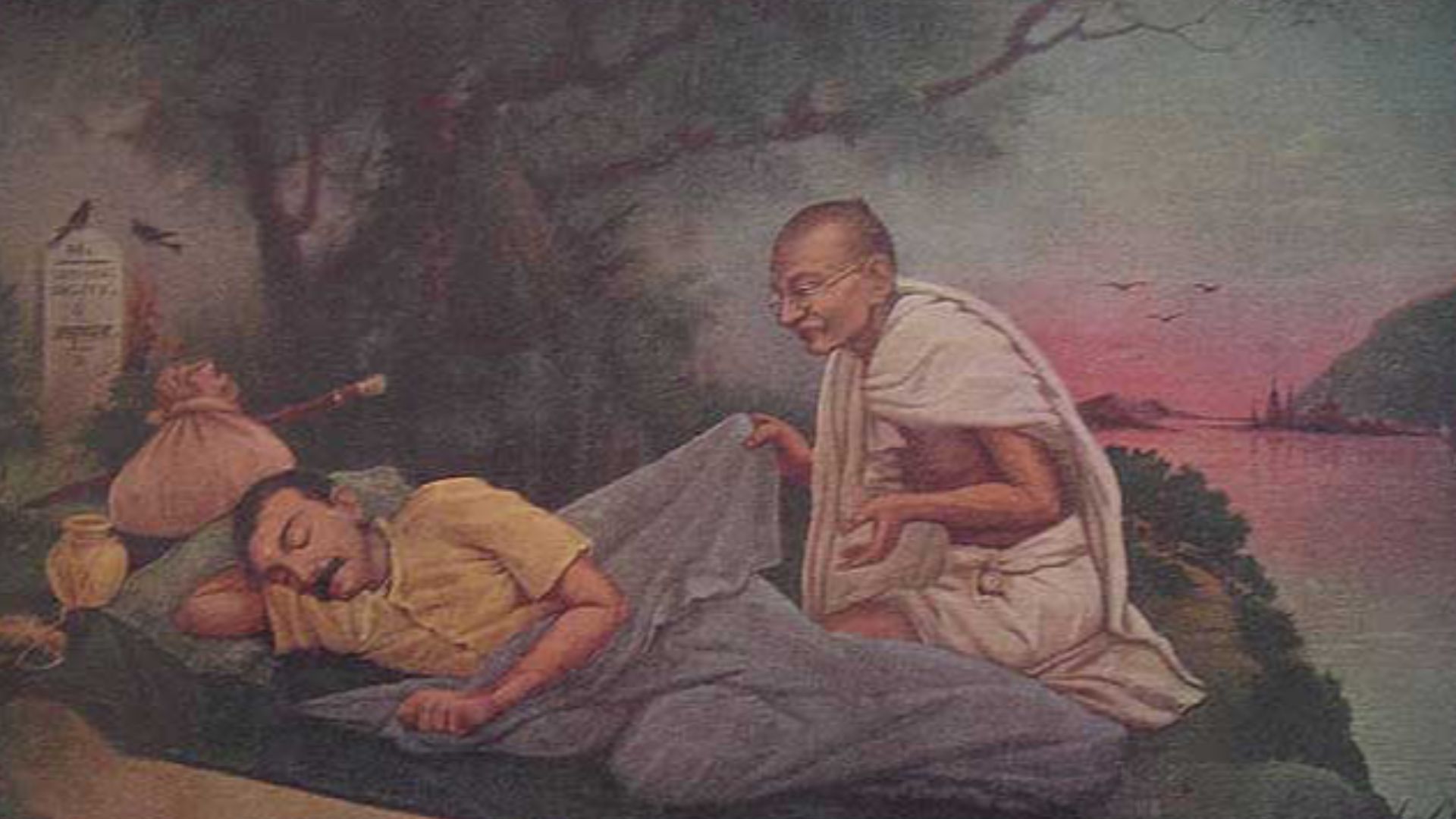 File:Gandhi urges the sleeping traveler to continue the journey toward the milestone that says untouchability 0; bazaar art, c.1940's.jpg