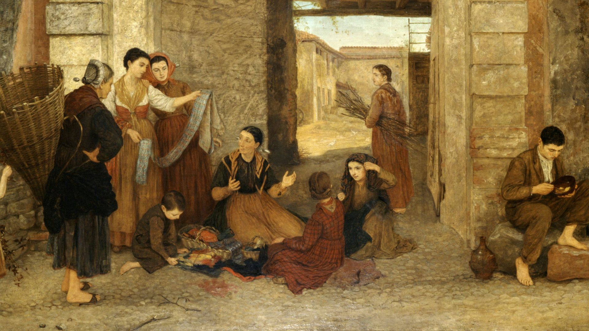 a painting of a group of people outside a building