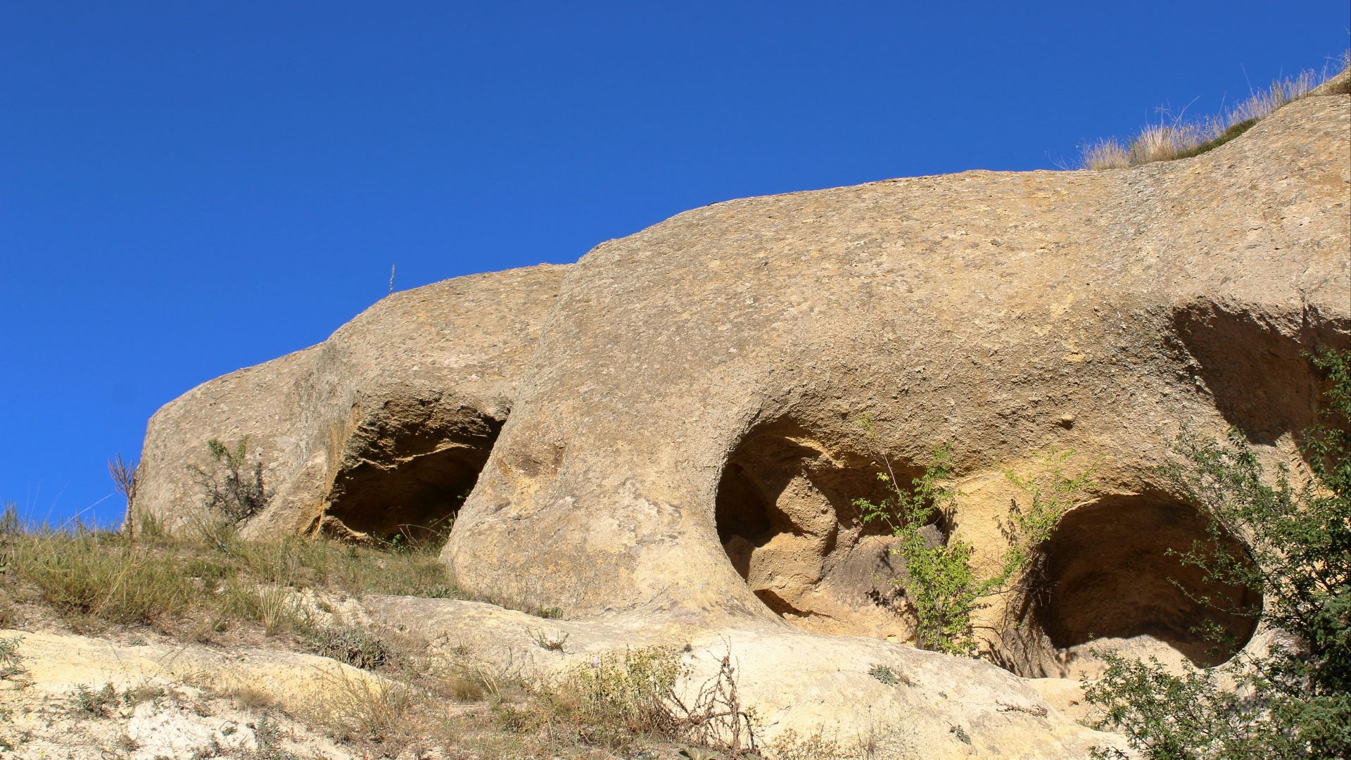 a large rock formation with small holes in it