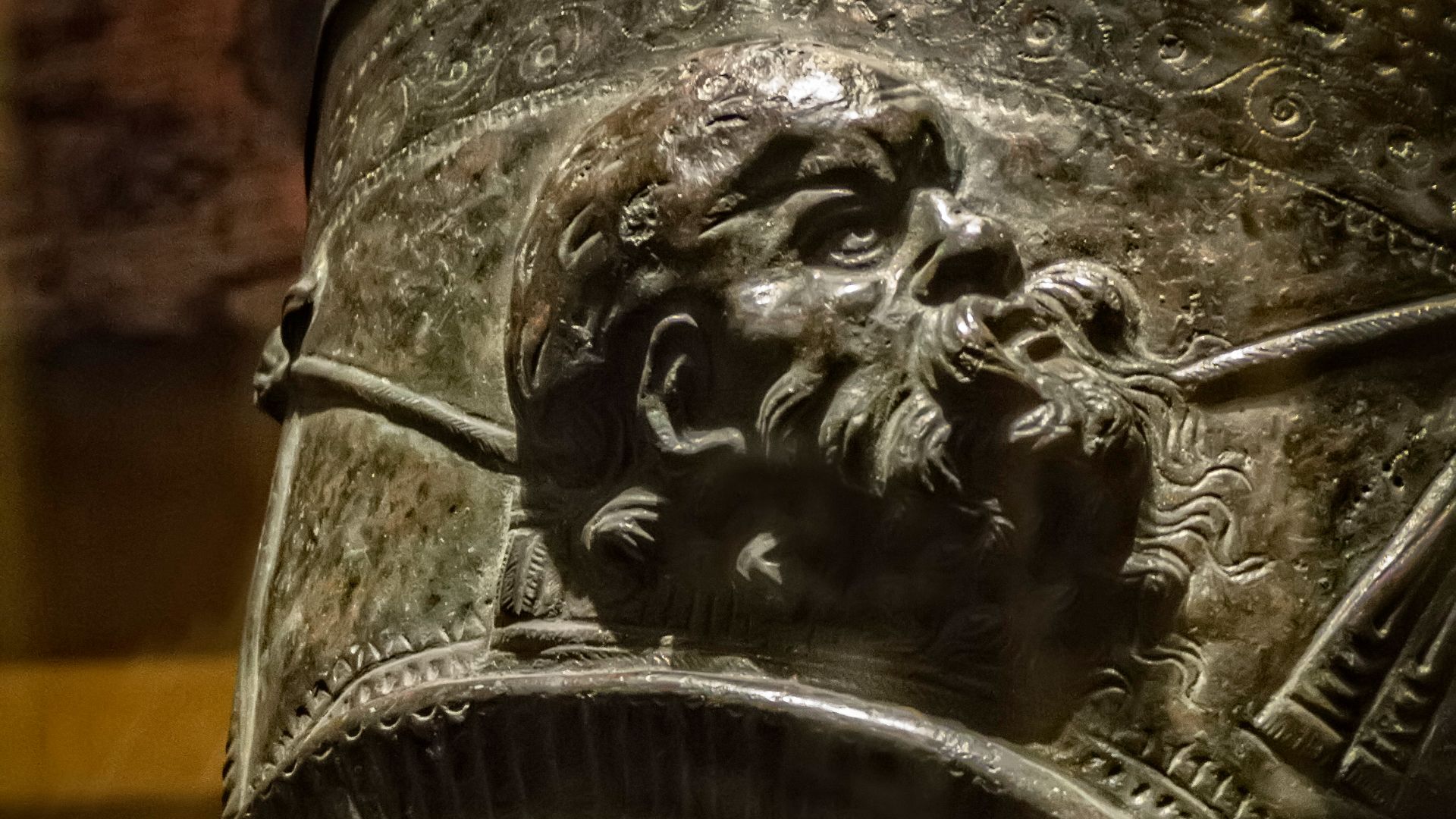 File:Closeup of Silenus on ceremonial gladiator shin guard from the gladiator barracks in Pompeii 1st century CE.jpg