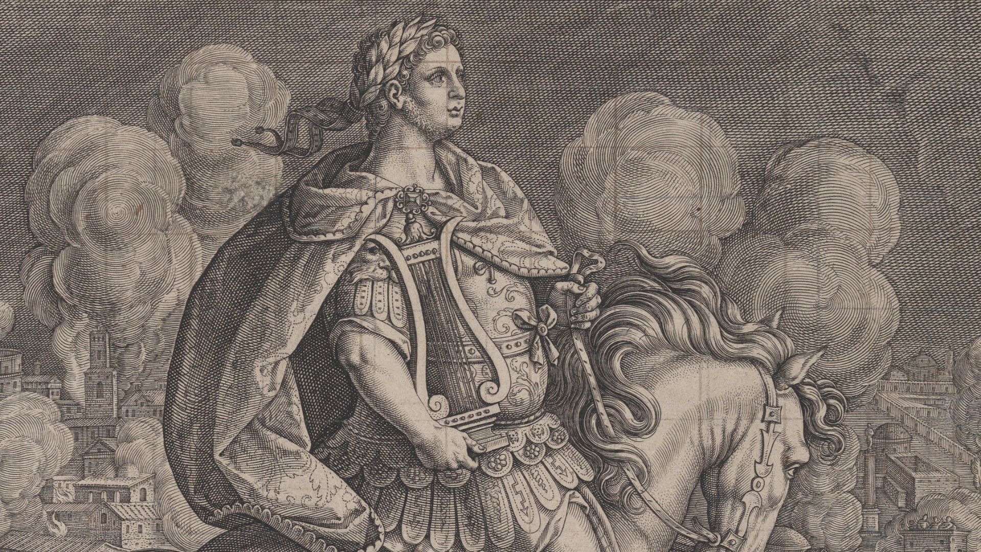 File:Plate 6- equestrian statue of Nero, seen from behind, the Great Fire of Rome in the background, from 'Roman Emperors on Horseback' MET DP877295.jpg