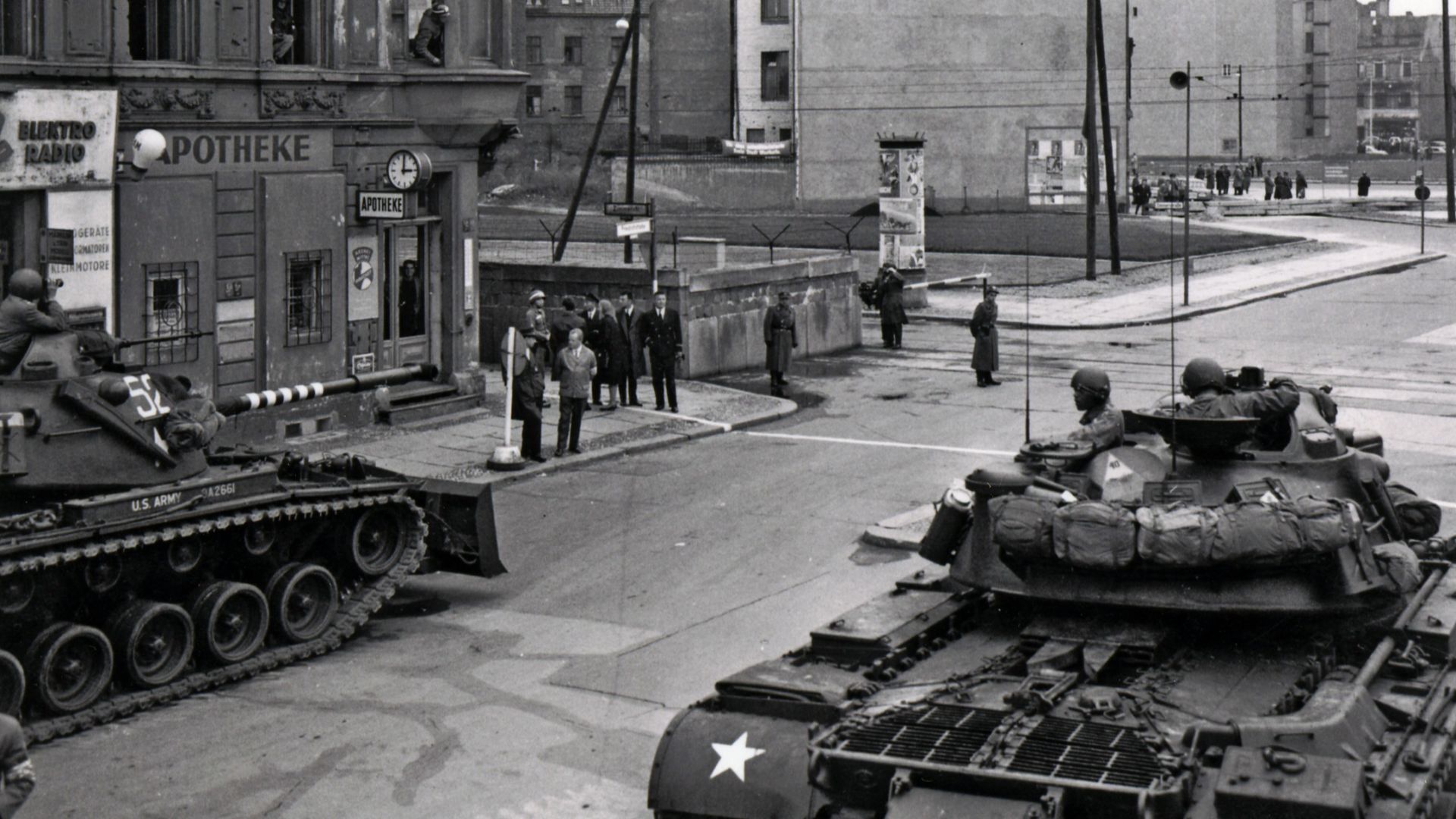 File:Tensions ran high at Checkpoint Charlie in 1961 as Easterners fled to West, Berlin Wall went up.jpg