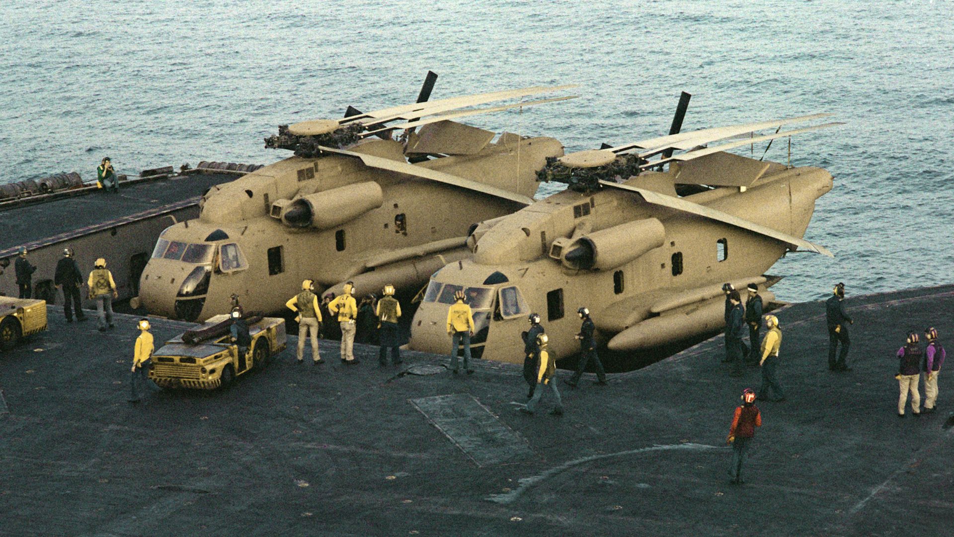 File:RH-53Ds on elevator of USS Nimitz (CVN-68) off Iran 1980.JPEG