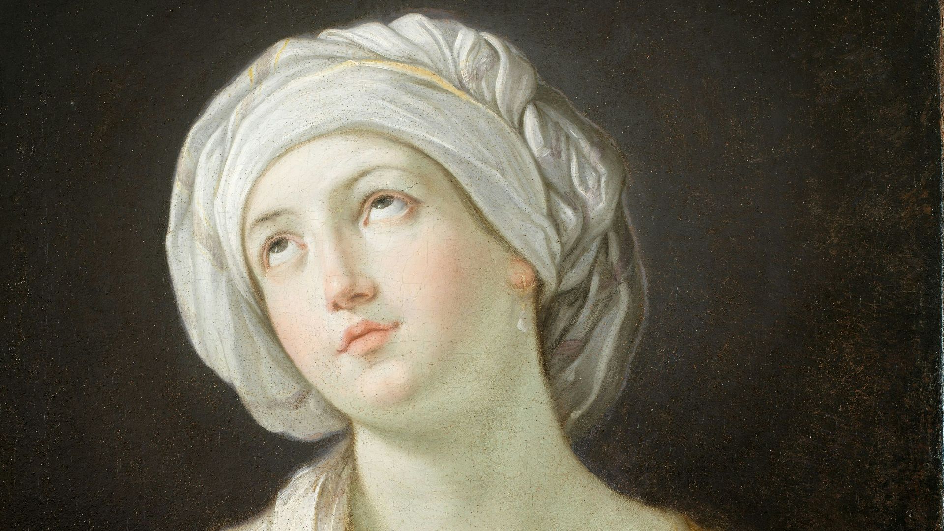 woman wearing white headdress while holding blue bowl painting