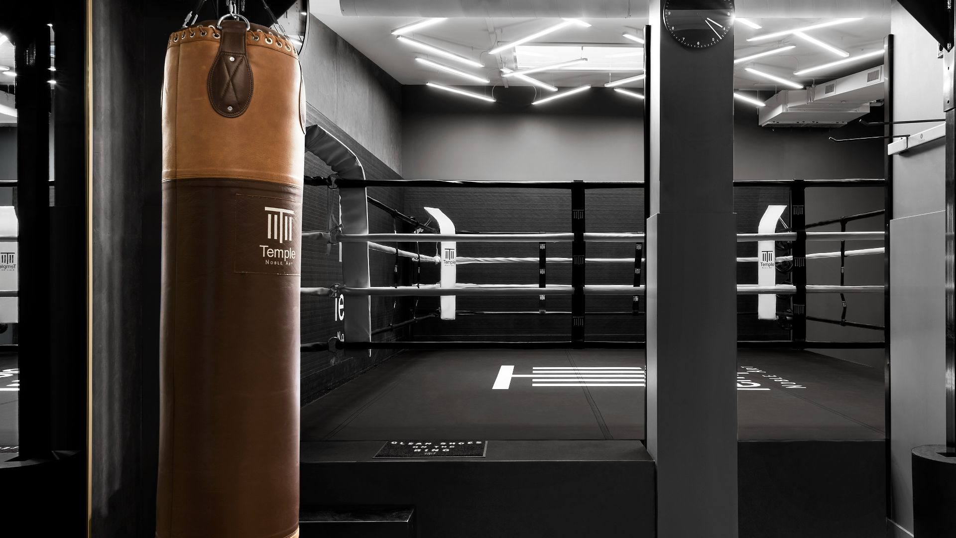 a boxing ring with a punching bag in the middle of it