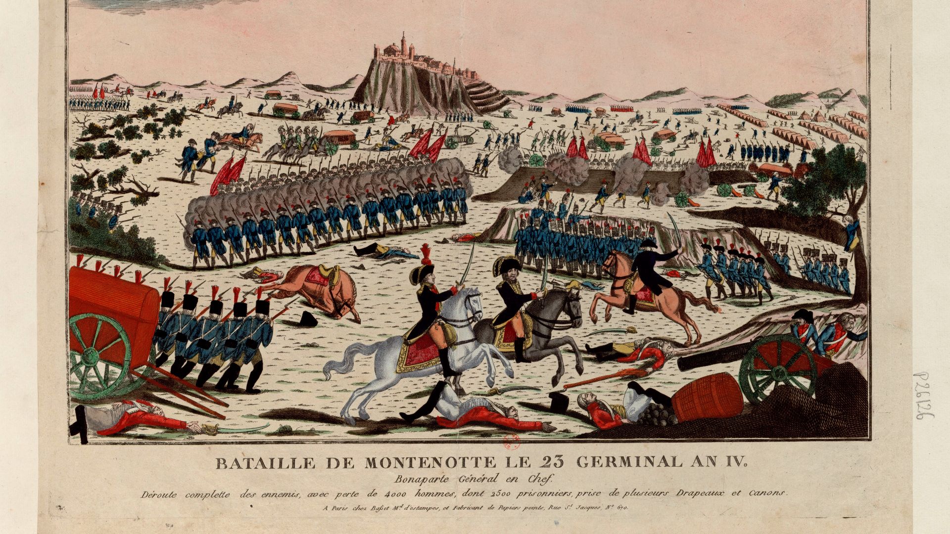 File:Bataille de Montenotte le 23 germinal an IV - Bonaparte Général en Chef. Déroute complette des ennemis, avec perte de 4000 hommes dont 2500 prisonniers, prise de plusieurs Drapeaux et Canons - estampe - btv1b6953502q.jpg