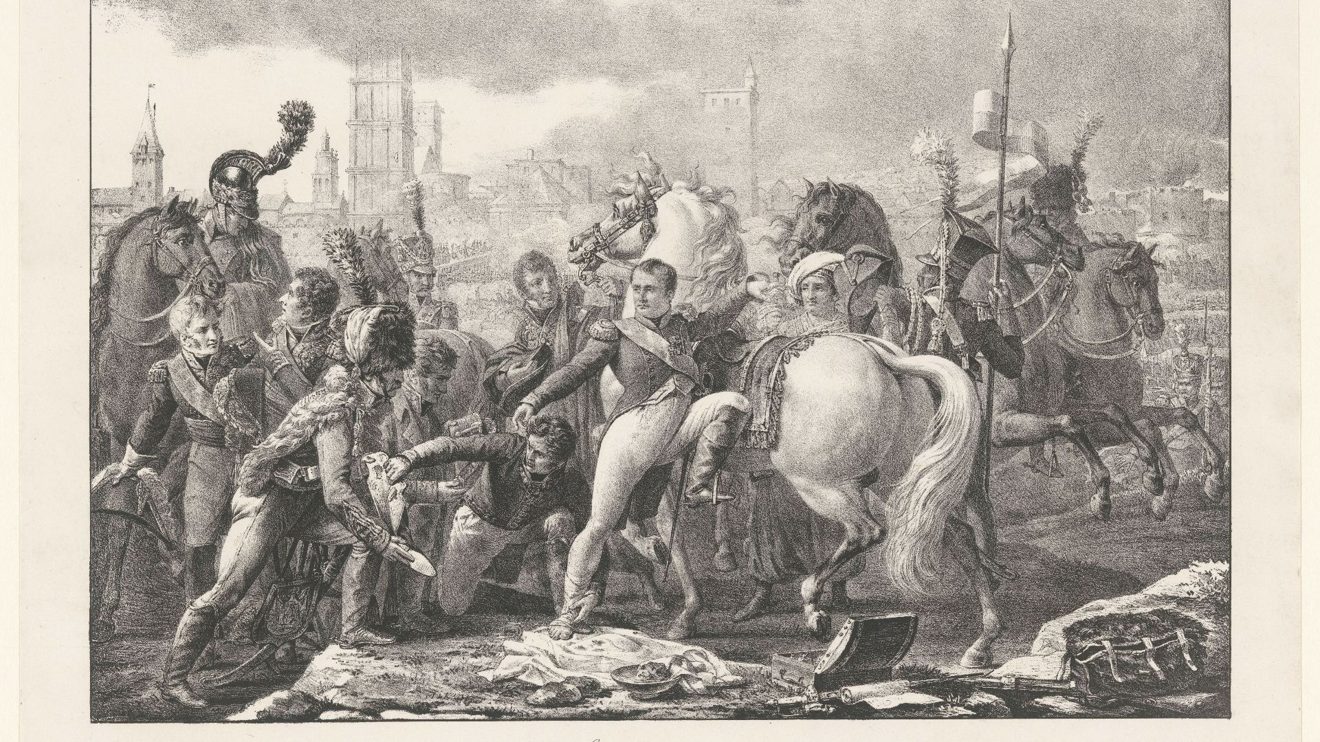 File:Napoleon gewond tijdens de slag bij Regensburg, 1809 Napoléon blessé devant Ratisbonne 29 avril 1809 - salon 1811 (titel op object), RP-P-1948-294.jpg