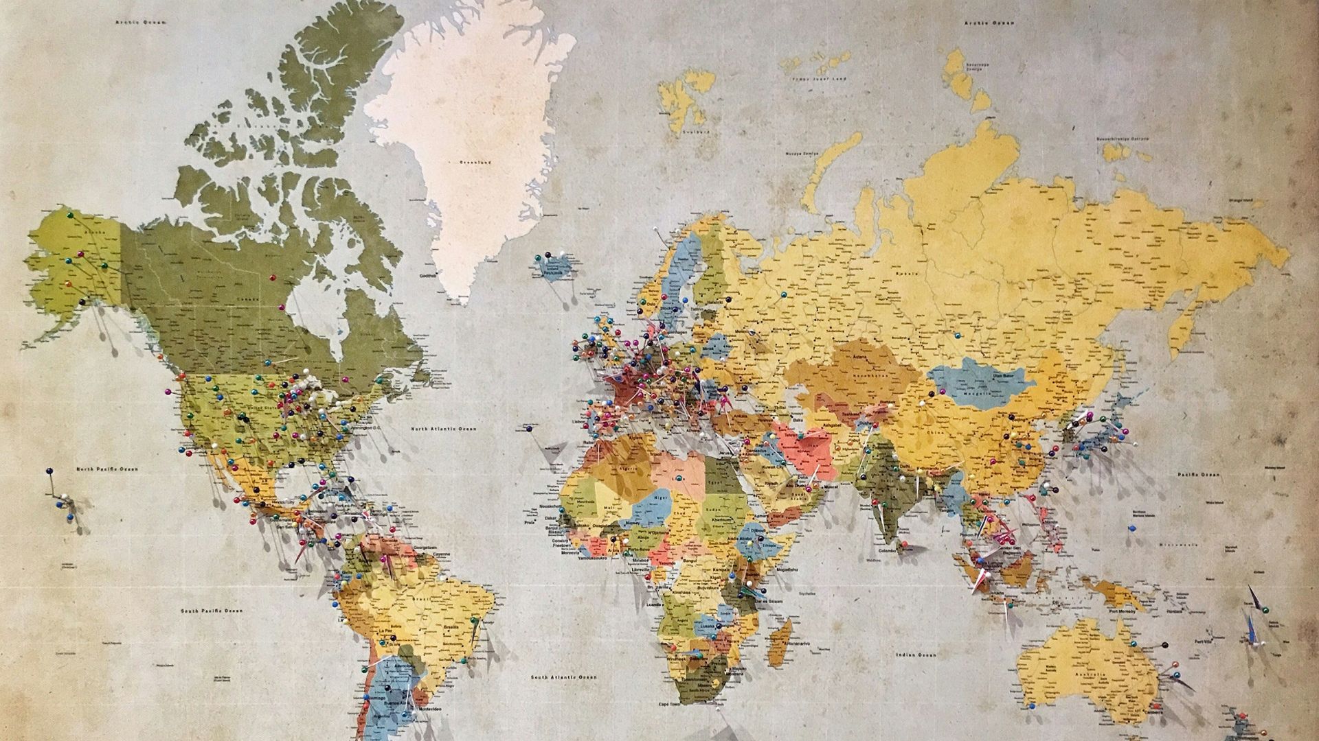 blue, green, and yellow world map