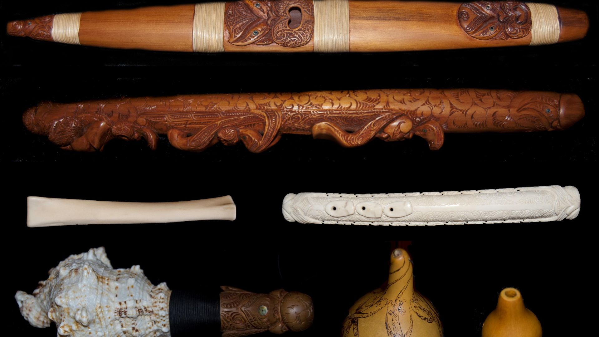 File:A selection of Taonga pūoro from the collection of Horomona Horo.jpg