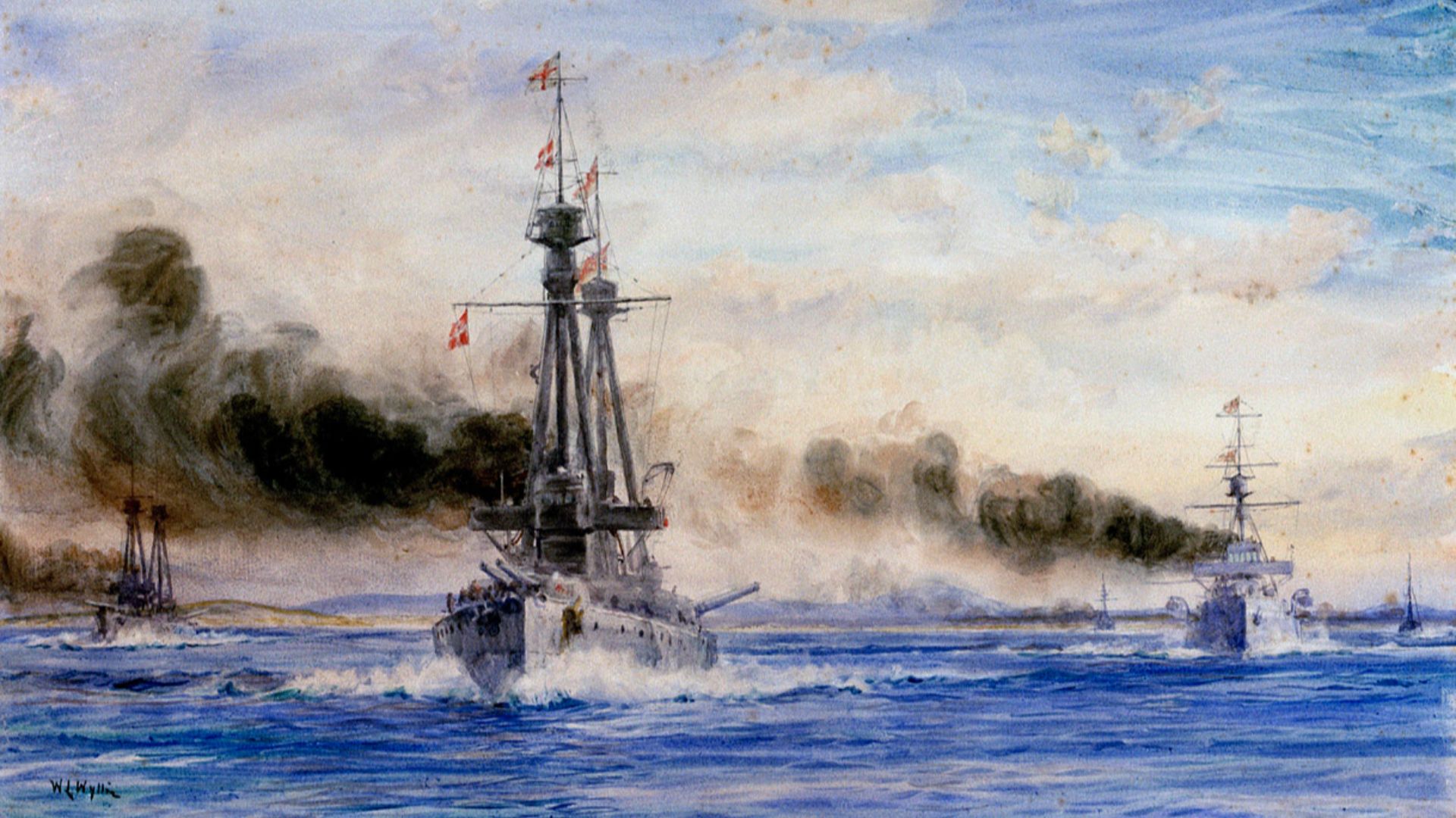 File:'Invincible and Inflexible steaming out of Port Stanley in Chase'- the start of the Battle of the Falkland Islands, 8 December 1914 RMG PW1879.jpg