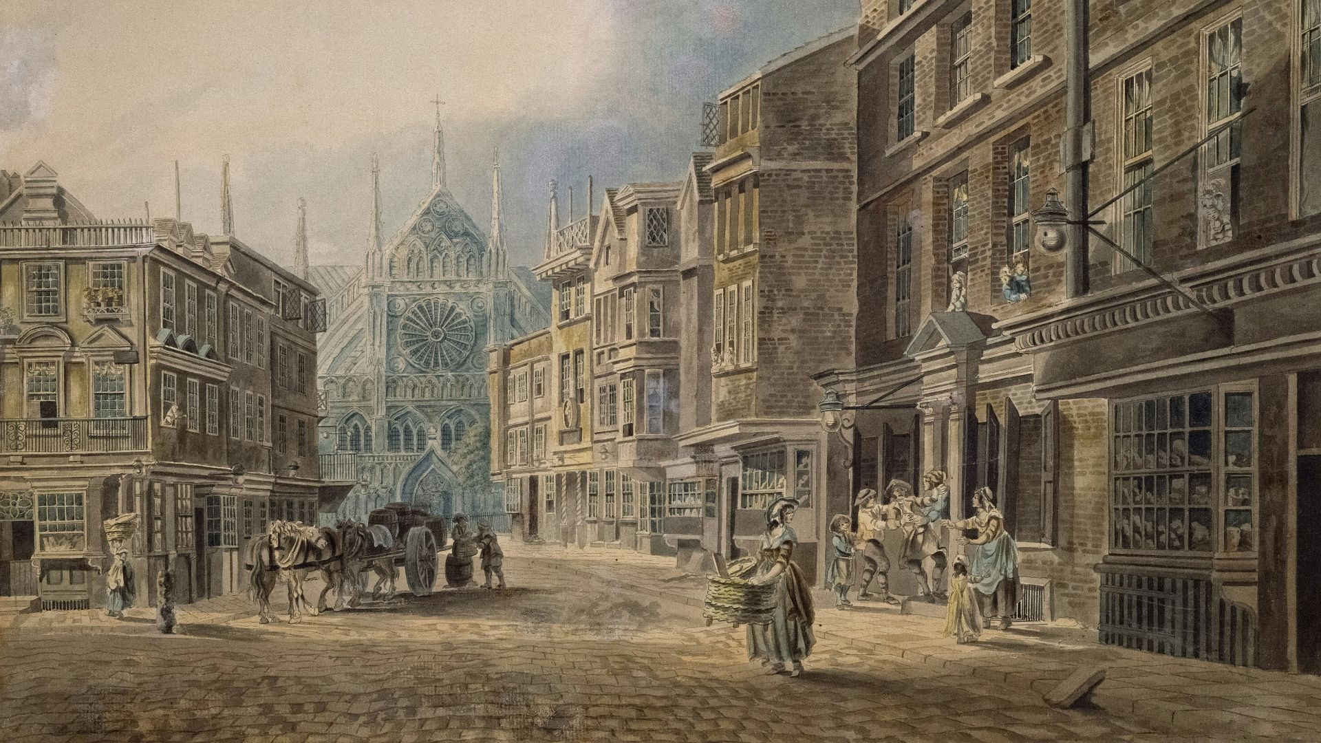 a painting of a city street with a horse drawn carriage