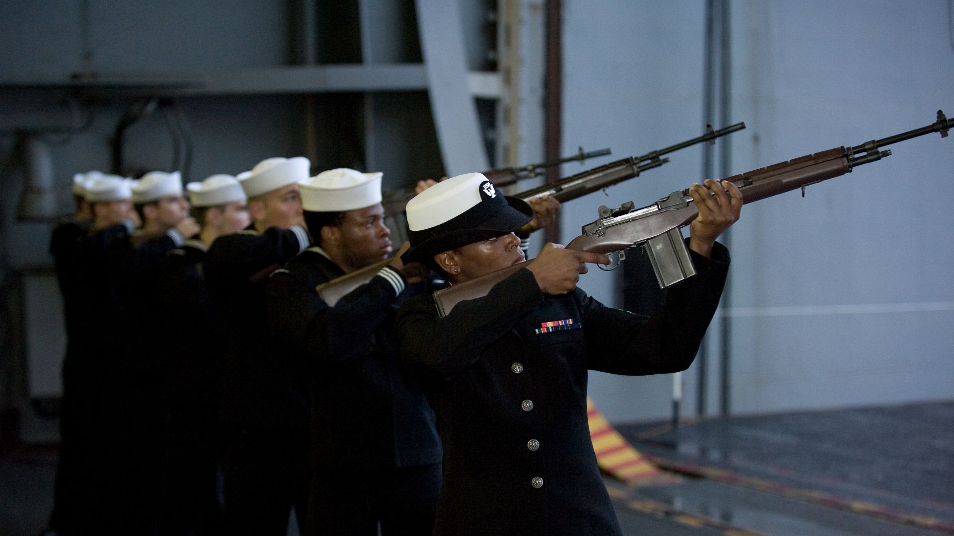 File:US Navy 111116-N-BT947-015 Sailors aboard the aircraft carrier USS George Washington (CVN 73) fire a rifle volley during a burial at sea ceremony.jpg