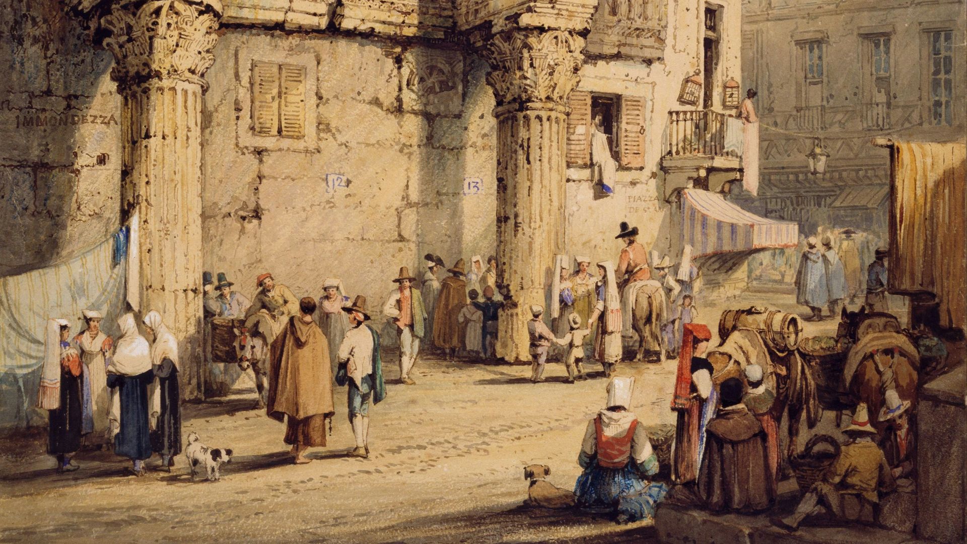 brown painting of people beside buildings