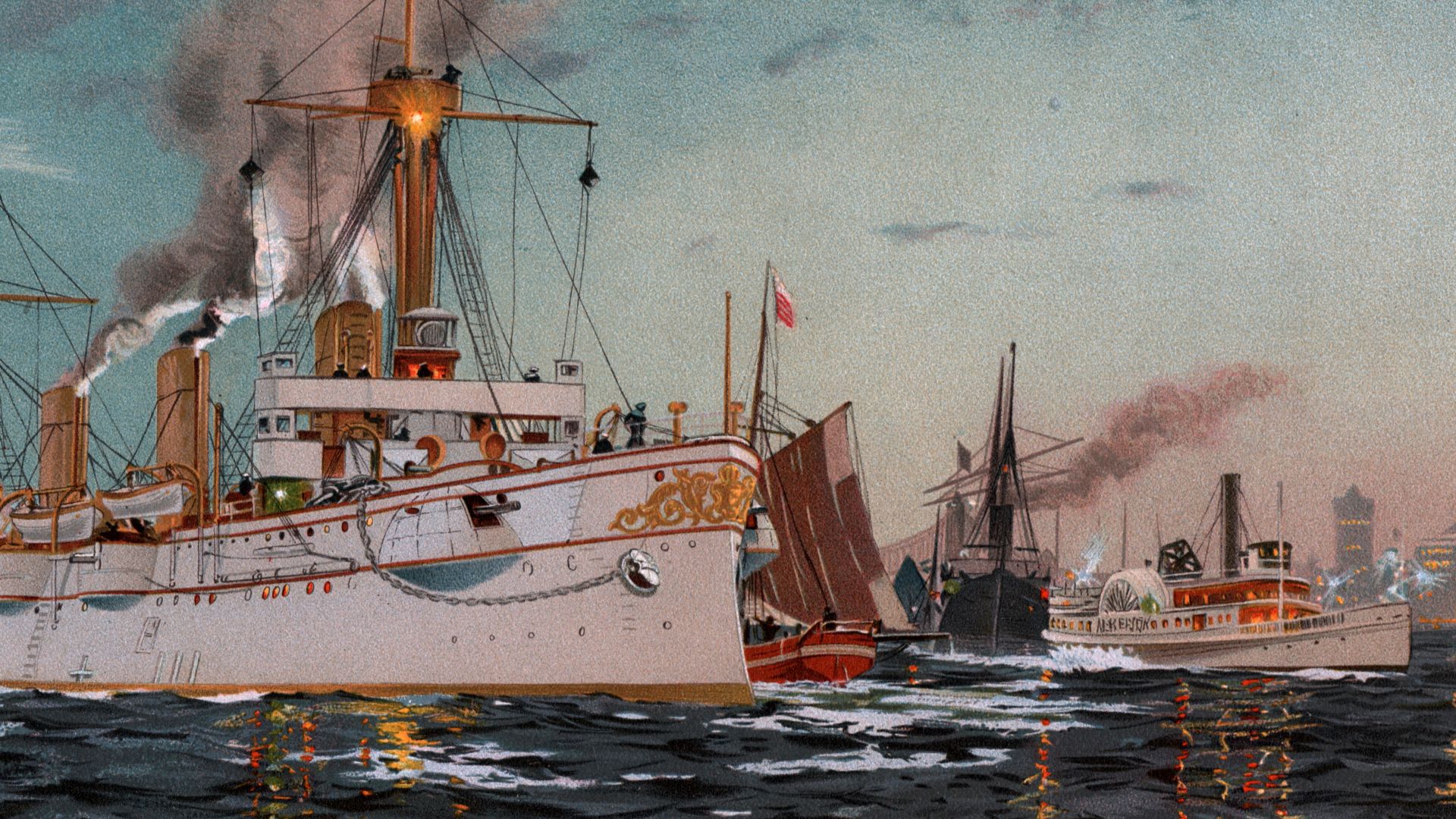 File:Kaiserin Augusta verlässt Newyork, Chromo-Lithographie von C. Saltzmann 95, nr13 aus G. Wislicenus, Unsre Kriegsflotte.jpg