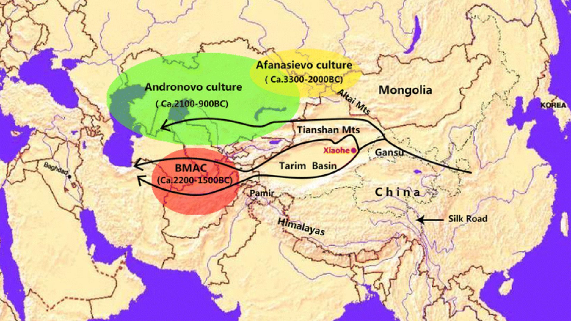 File:Map of Eurasia with Xiaohe, Tarim basin and ancient Silk Road routes.gif