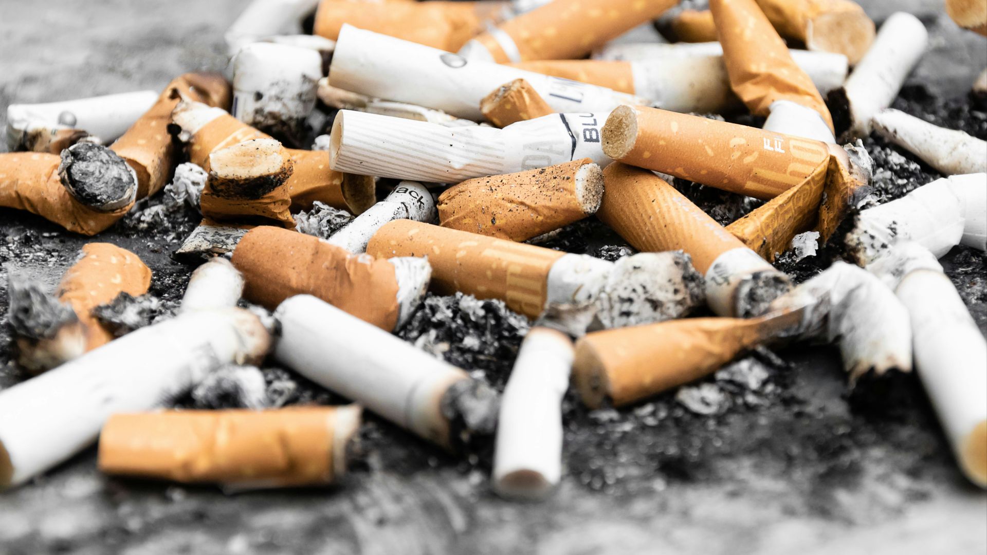 orange cigarette butts on black surface