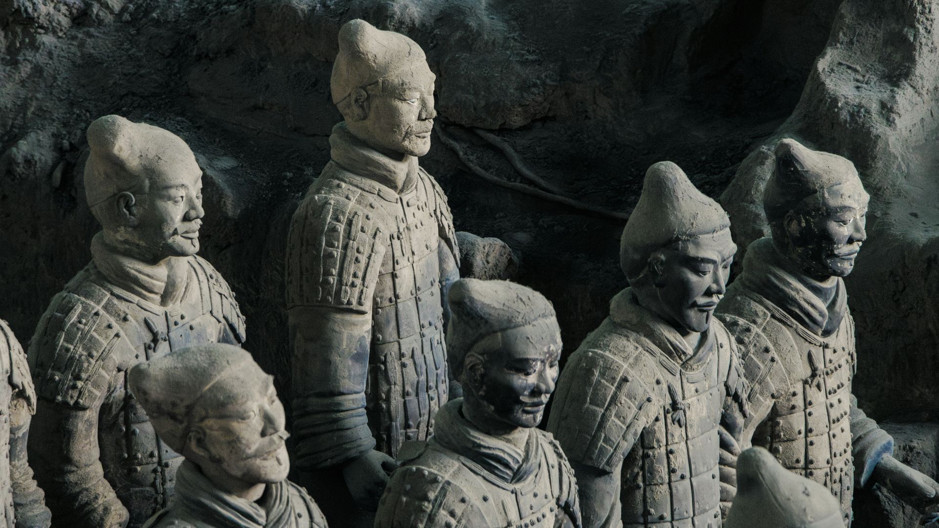 Terracotta army soldiers standing in formation.