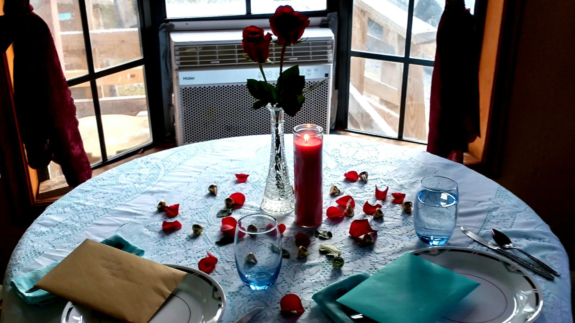 a table with plates and glasses
