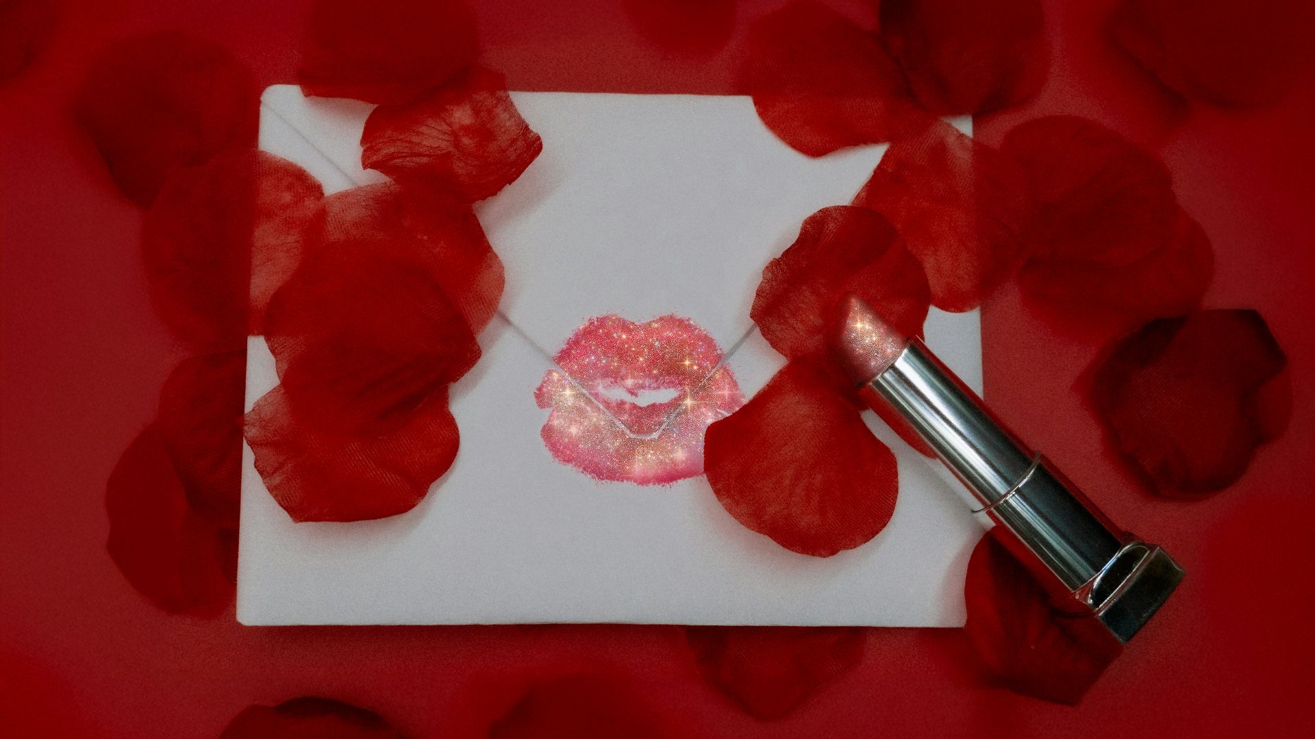 Red rose petals surround a lipstick and kiss print.