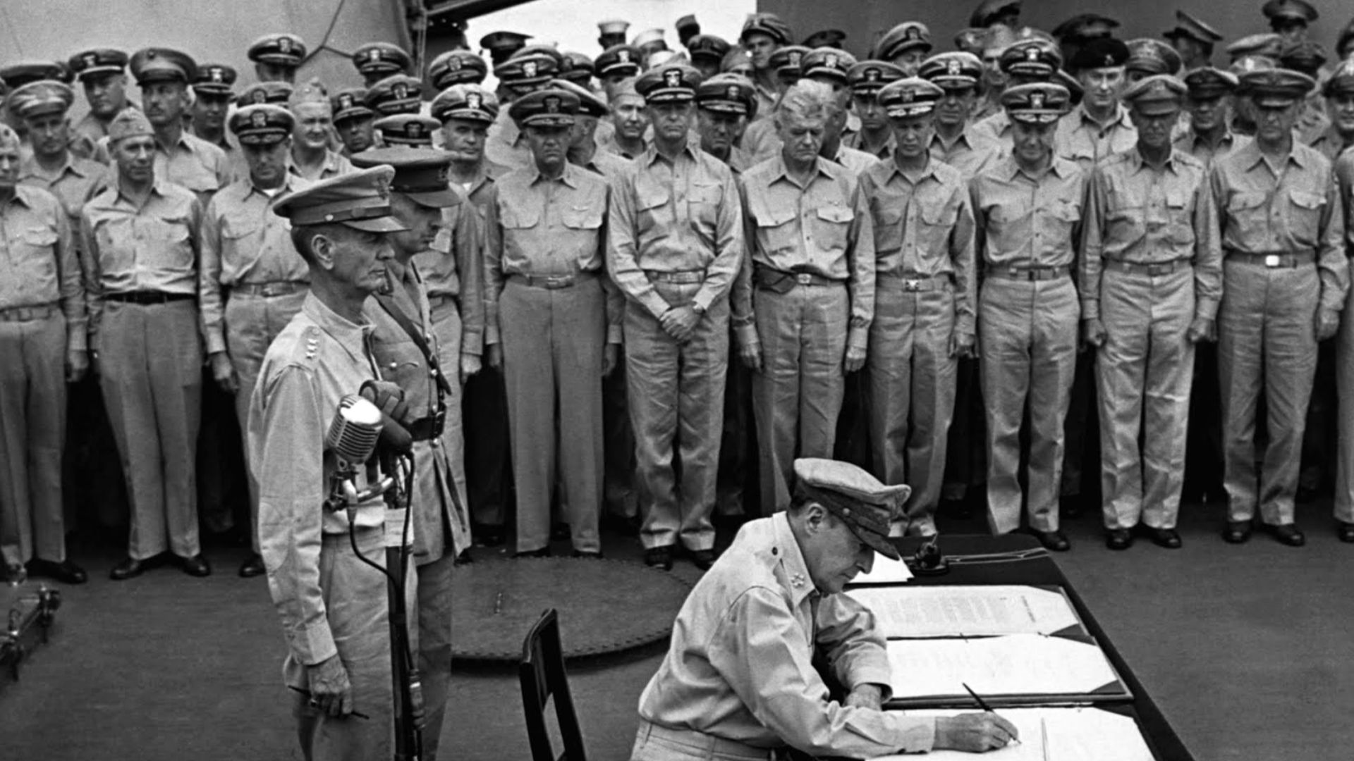 File:Douglas MacArthur signs formal surrender.jpg