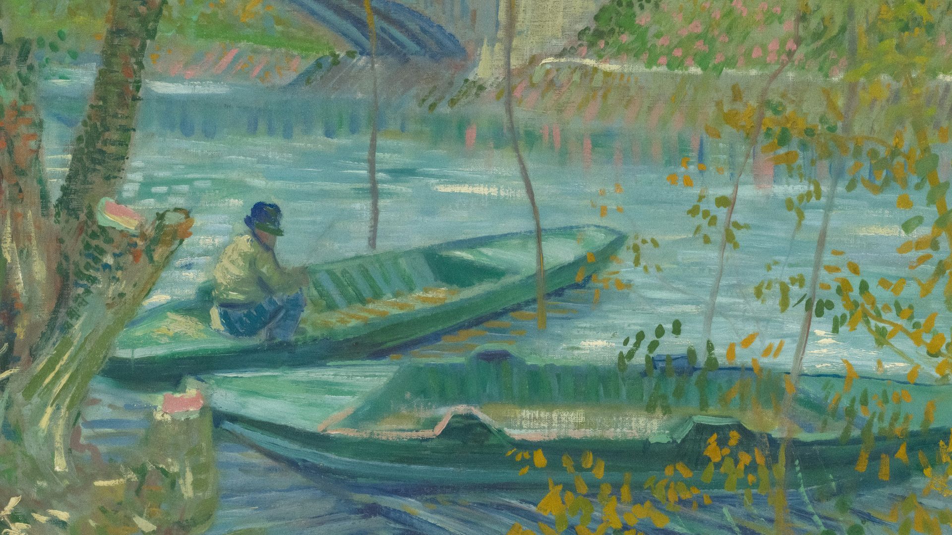 a painting of a man sitting in a boat on a river