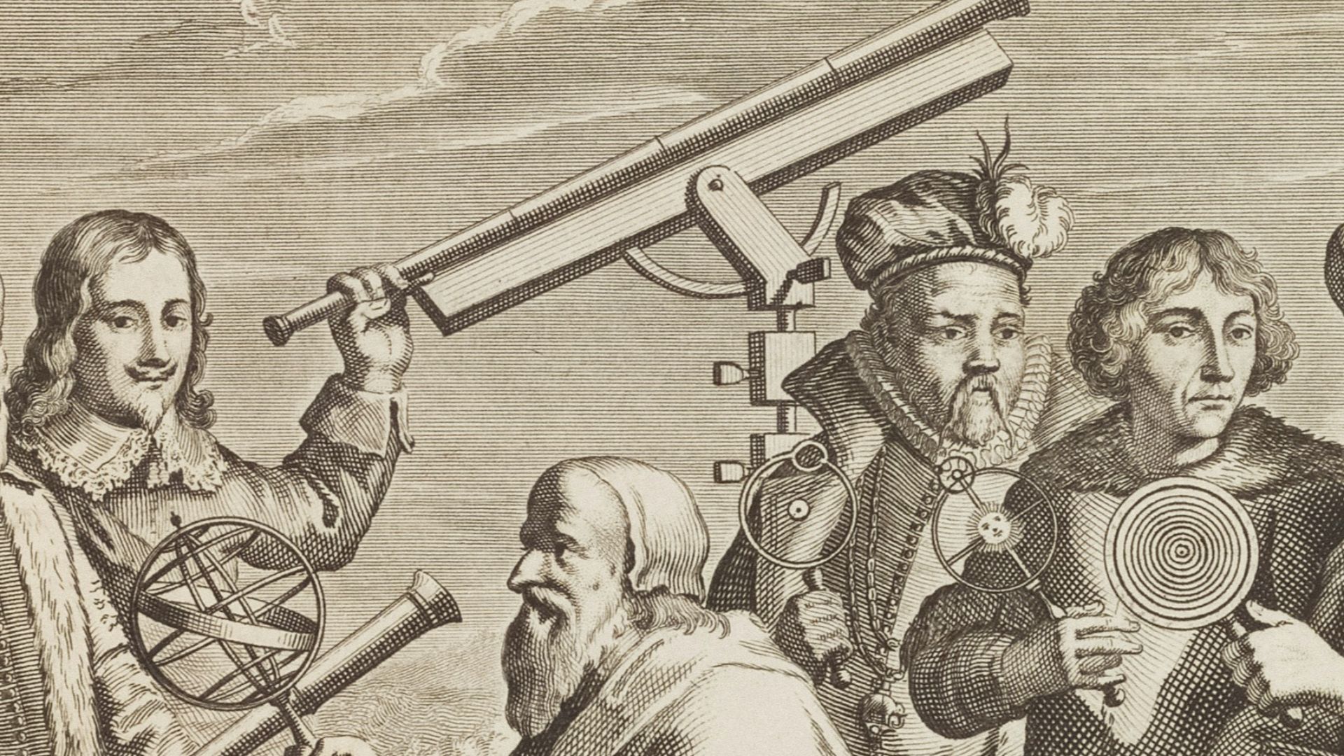 Astronomers gathered around a table with celestial charts and instruments.