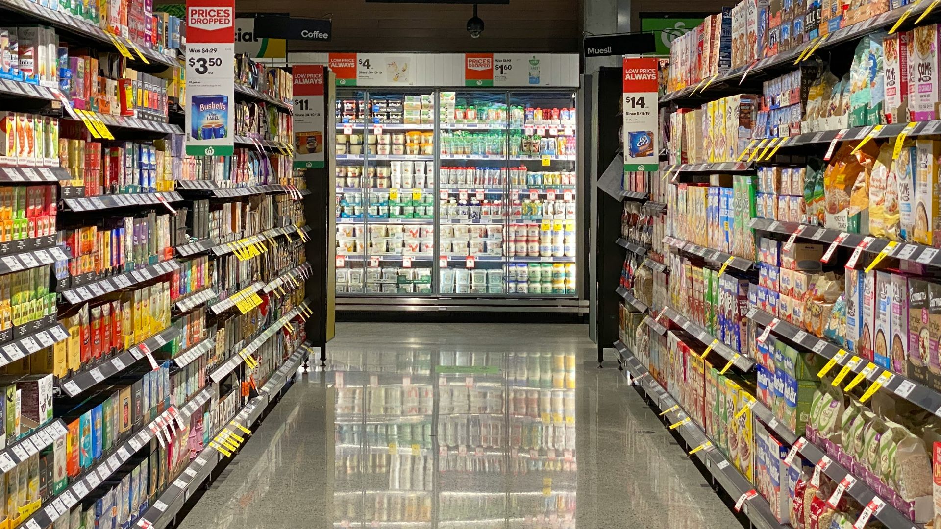 white and red labeled pack on white shelf