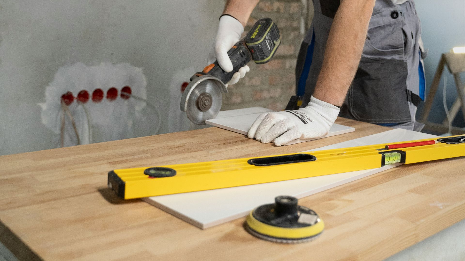 A man sanding a wooden table with a sander