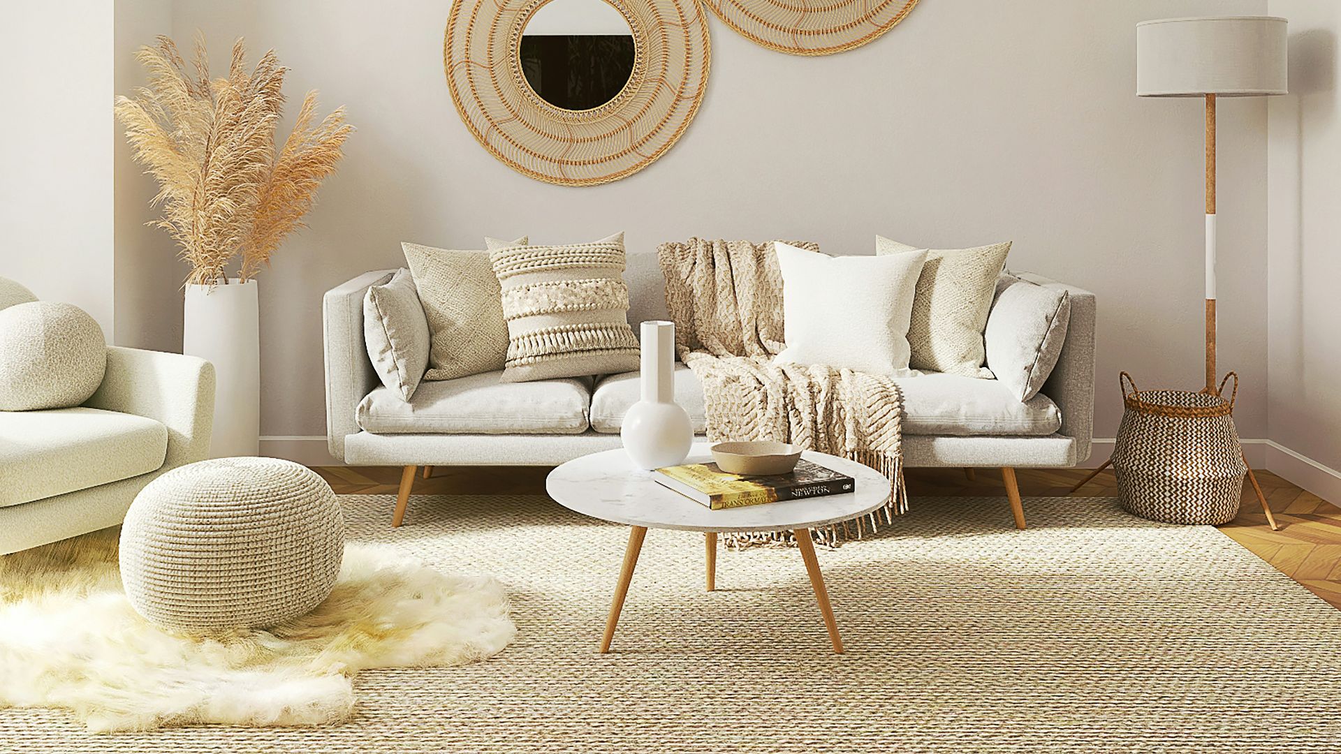 a living room filled with furniture and a mirror