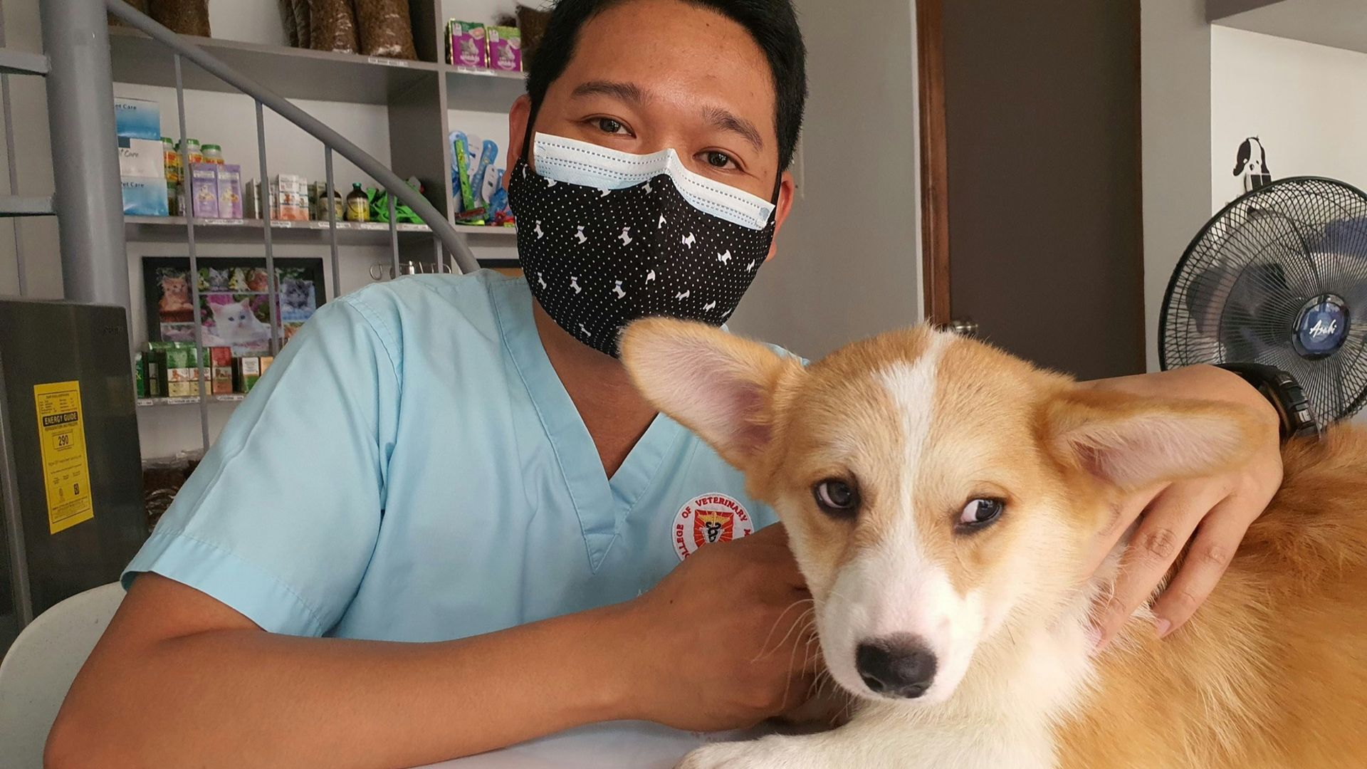 a man wearing a face mask sitting next to a dog