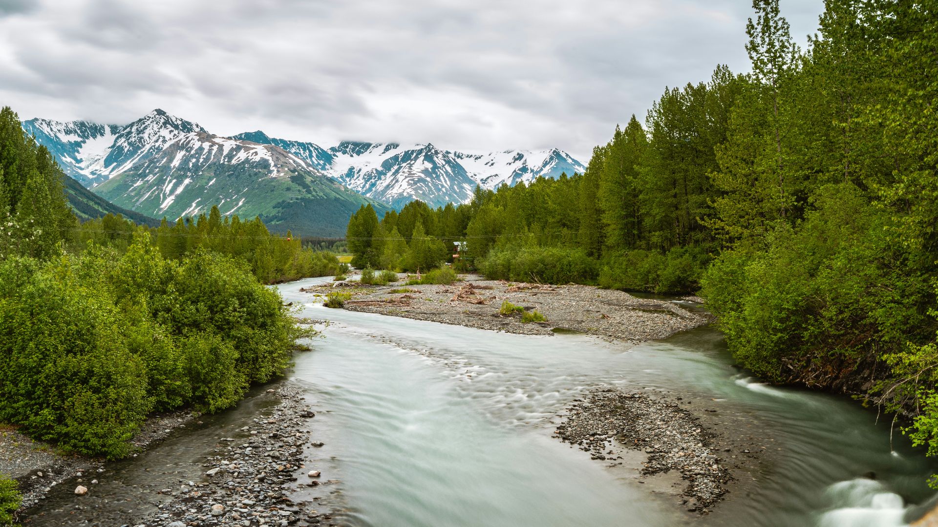 green trees near river under white clouds during daytime