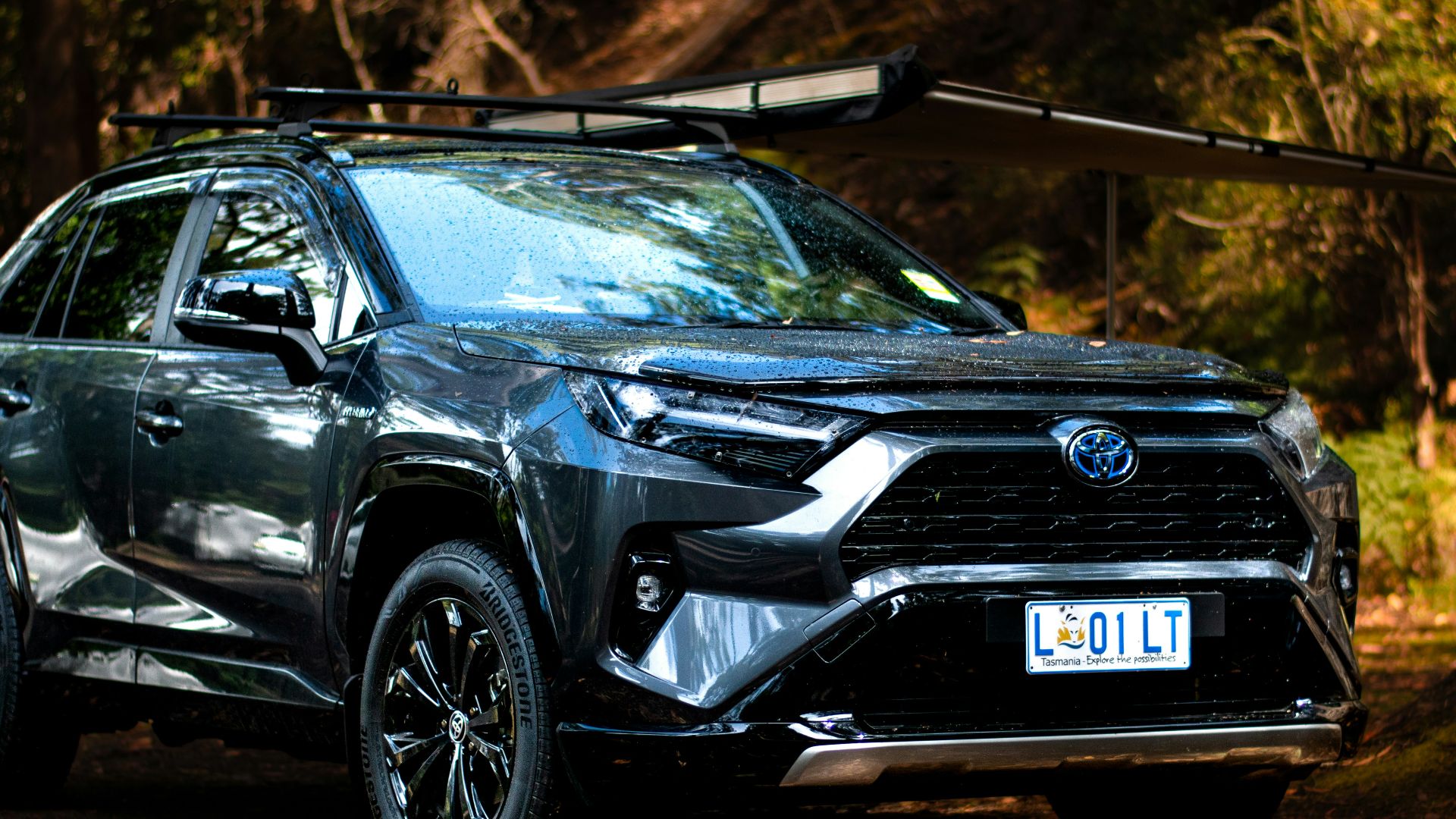 a black toyota rav parked in the woods