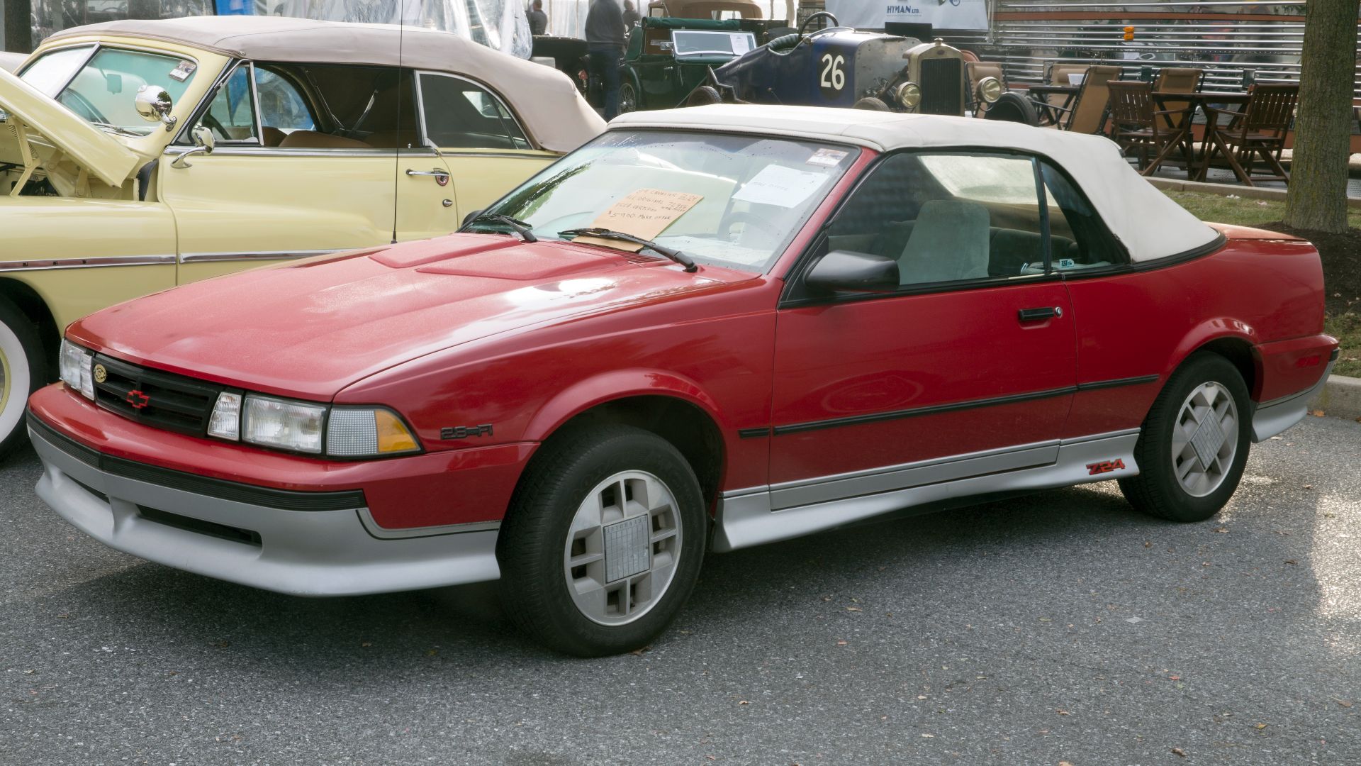 File:1989 Chevrolet Cavalier Z24 Convertible in Dark Red, front left (Hershey 2019).jpg